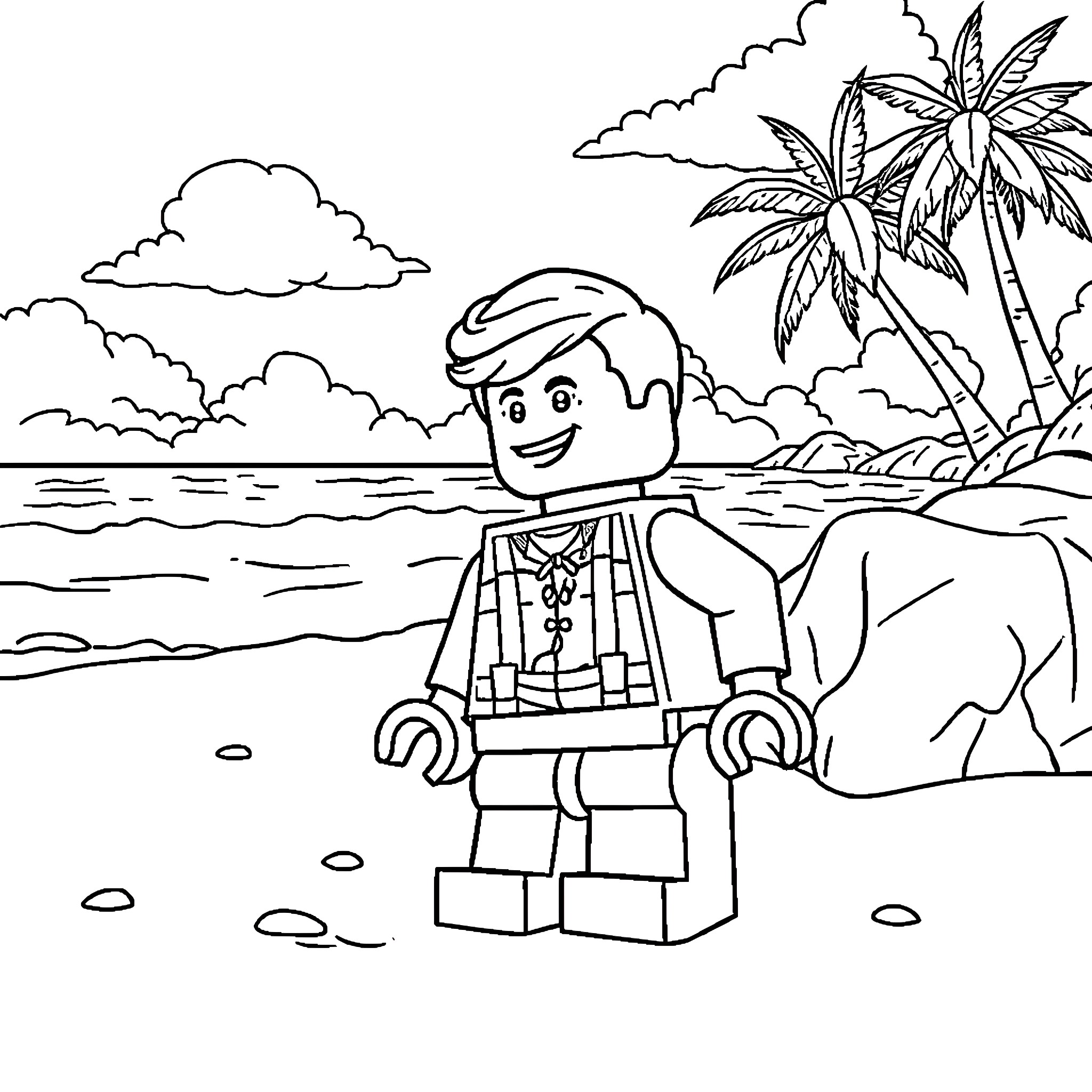 Lego Guy enjoying the beach scenery Coloring Page (free black-and-white line drawing printable PDF for all, from beginners to advanced learners, including children, teens, adults, and seniors)