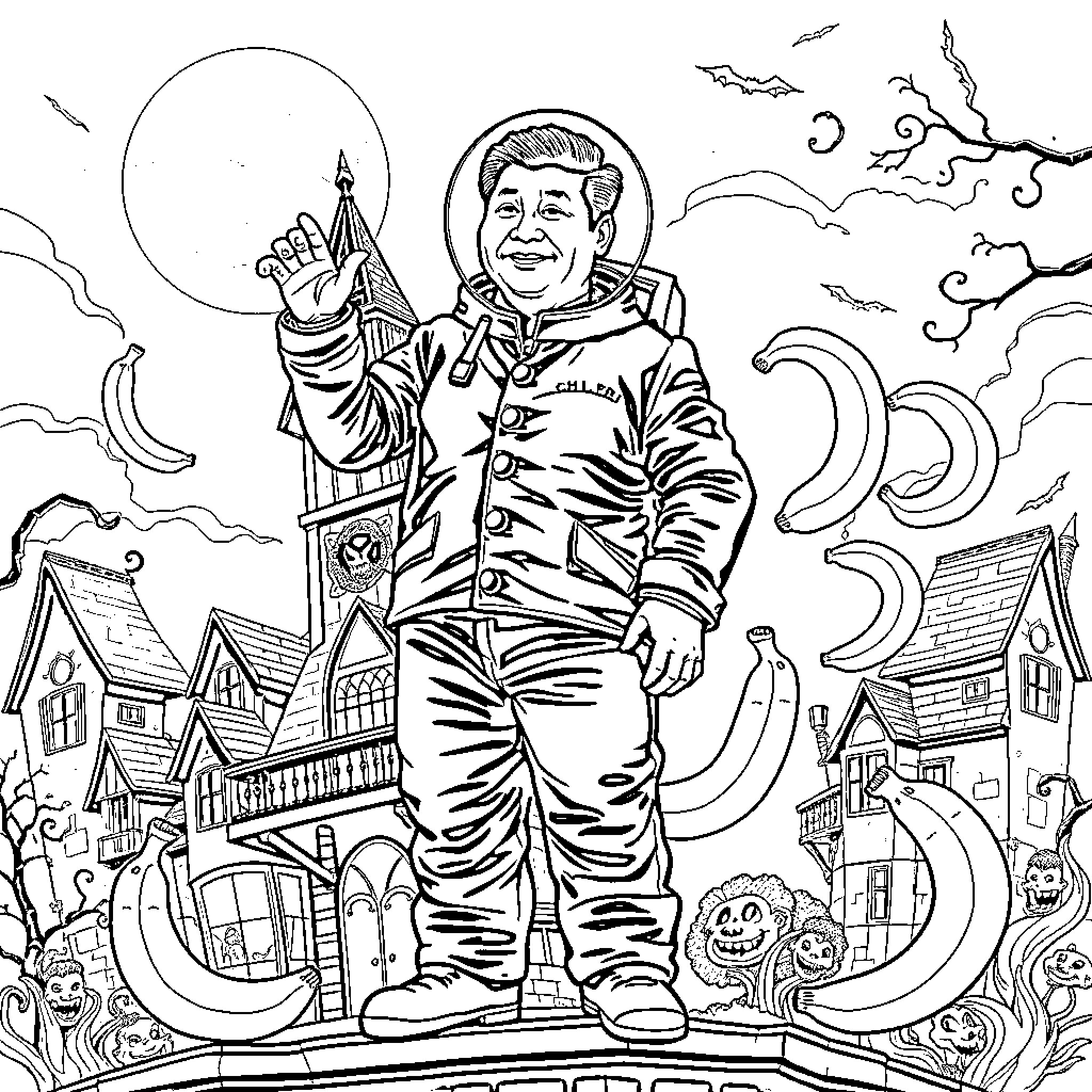 Xi Jinping standing amidst a whimsical and spooky landscape Coloring Page (free black-and-white line drawing printable PDF for all, from beginners to advanced learners, including children, teens, adults, and seniors)