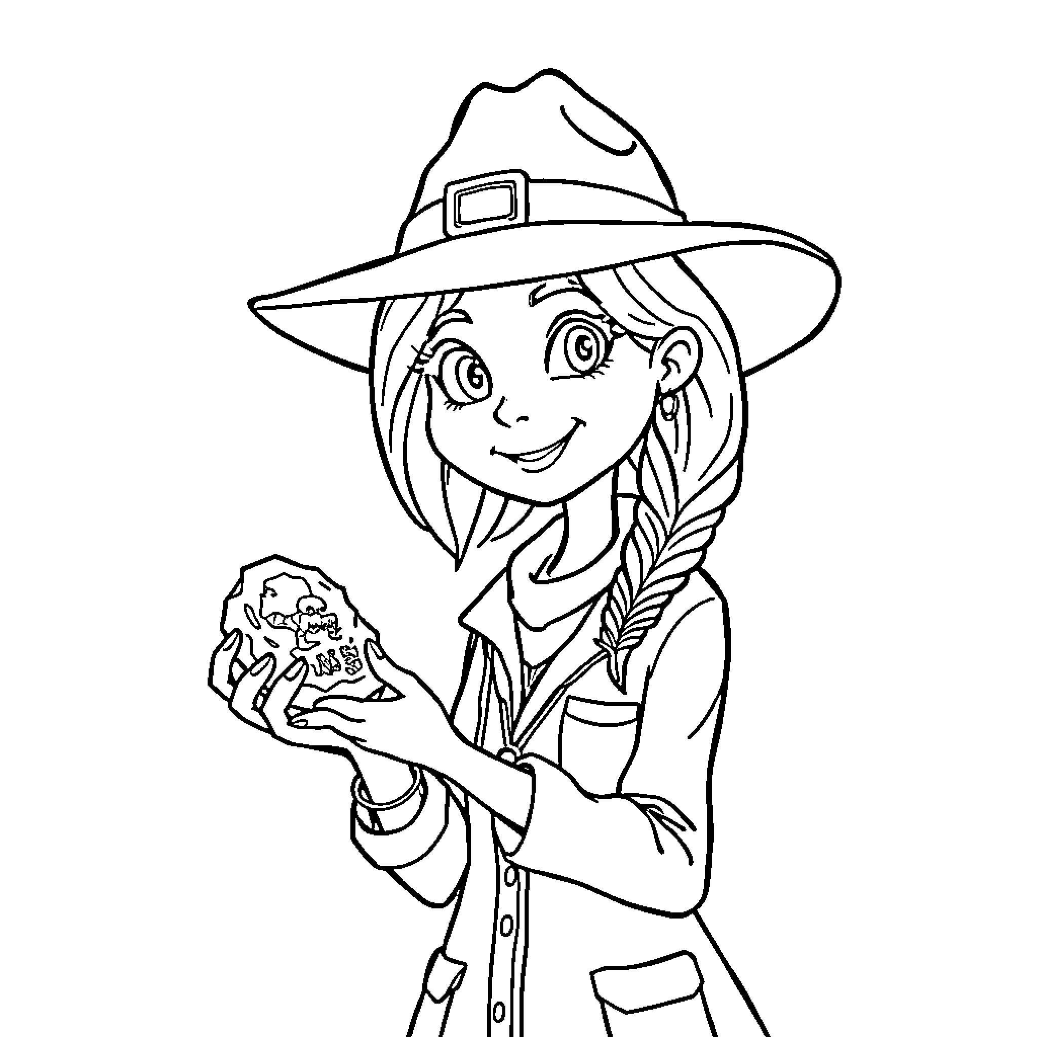 Paleontologist examining fossil discovery Coloring Page (free black-and-white line drawing printable PDF for all, from beginners to advanced learners, including children, teens, adults, and seniors)