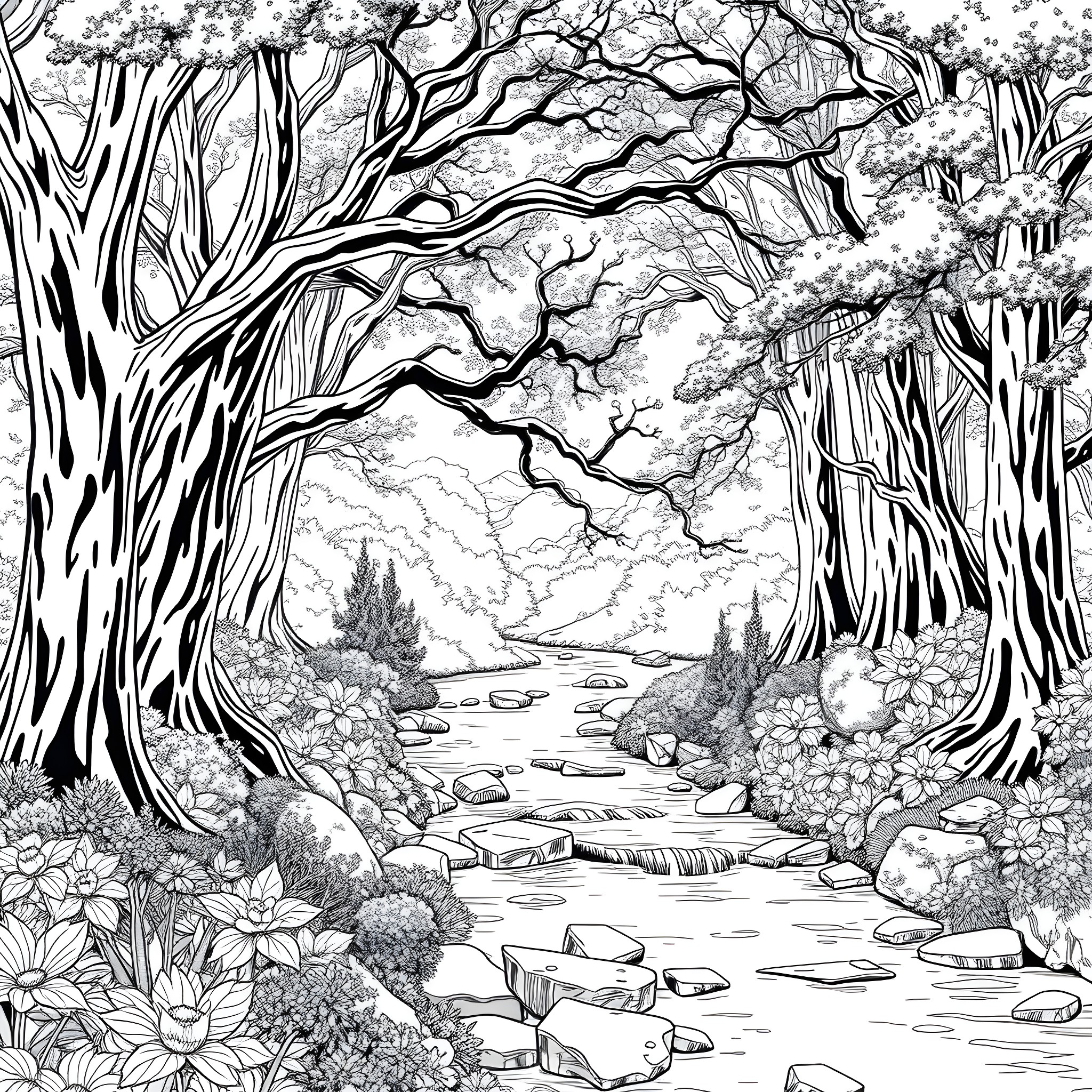 Stream flowing through enchanted forest Coloring Page (free black-and-white line drawing printable PDF for all, from beginners to advanced learners, including children, teens, adults, and seniors)