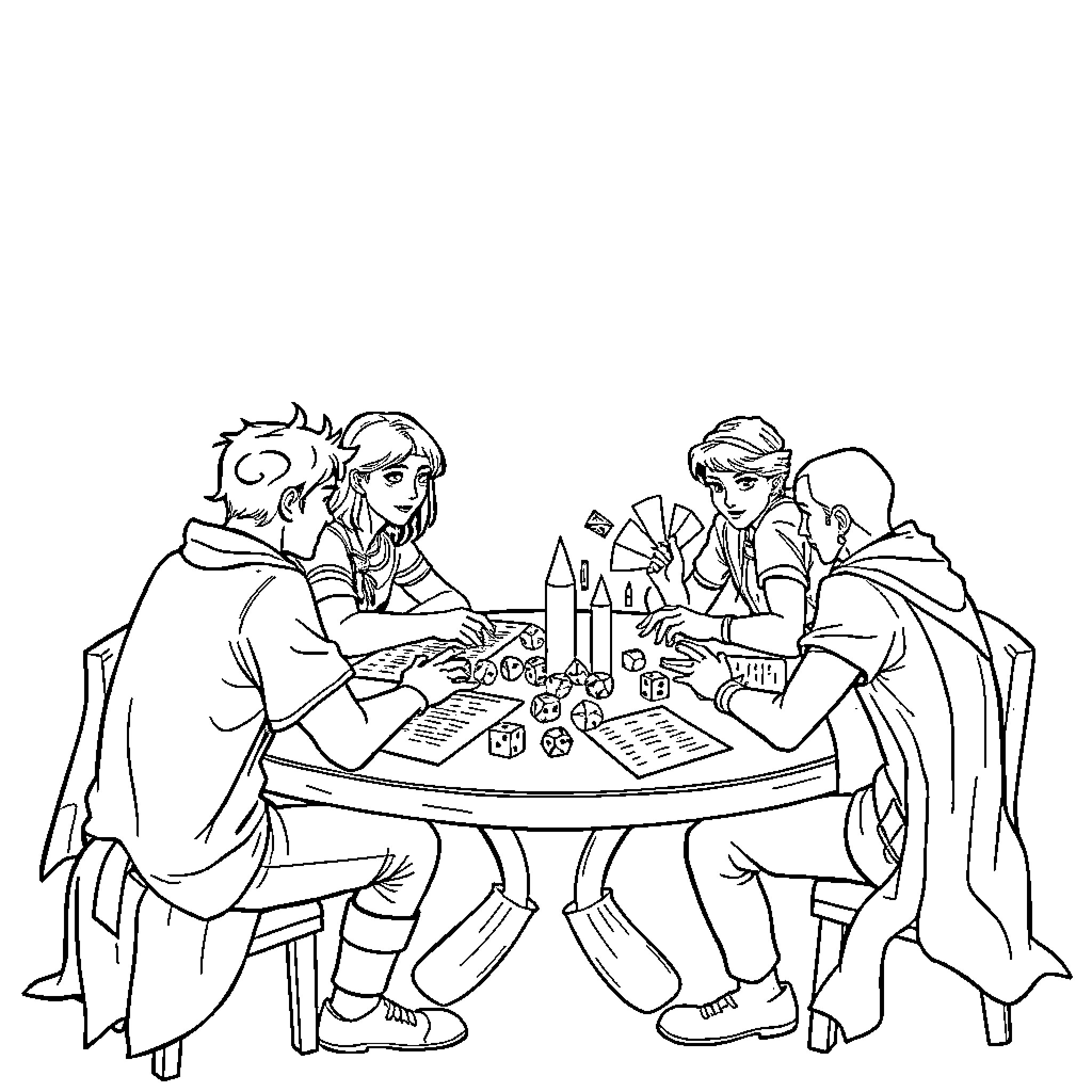 Dungeon Dwellers Gathered around the Table Coloring Page (free black-and-white line drawing printable PDF for all, from beginners to advanced learners, including children, teens, adults, and seniors)