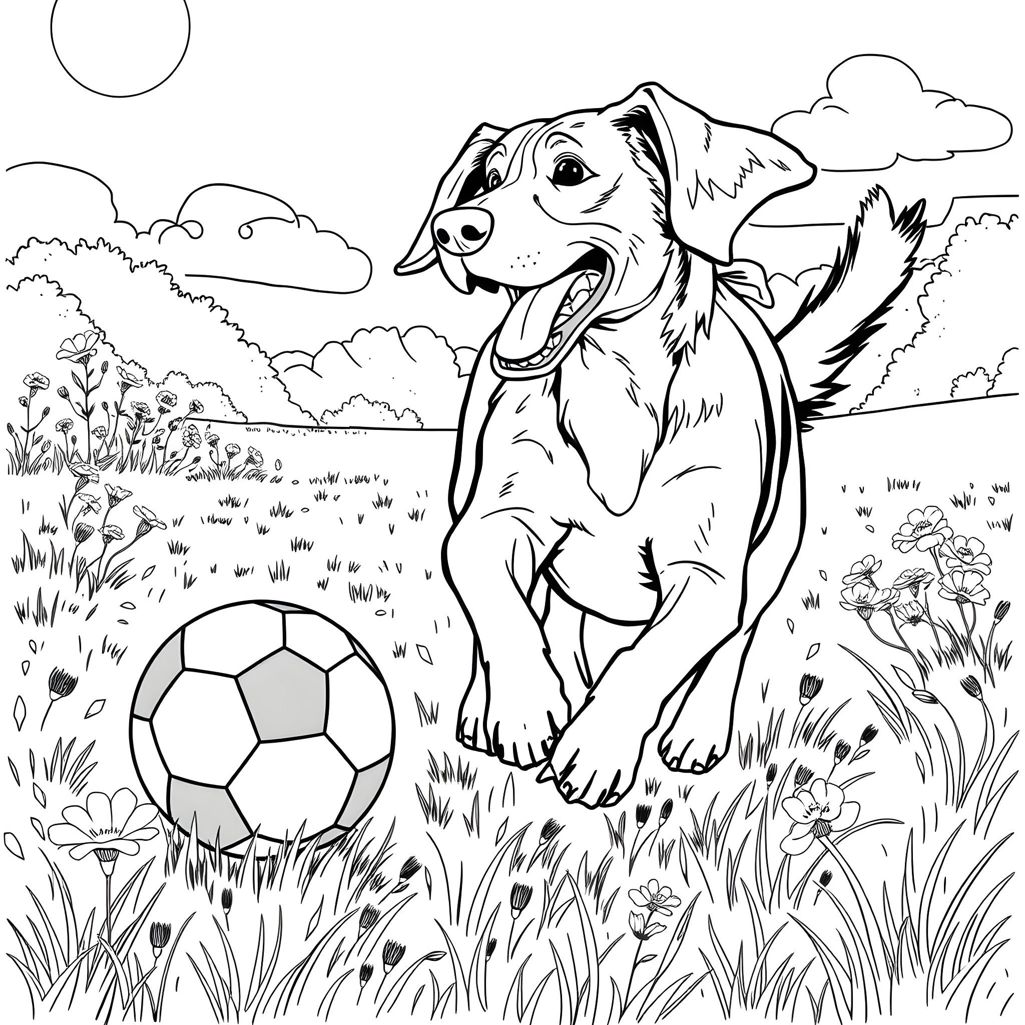 Hound Dog playing joyfully with soccer ball in meadow Coloring Page (free black-and-white line drawing printable PDF for all, from beginners to advanced learners, including children, teens, adults, and seniors)
