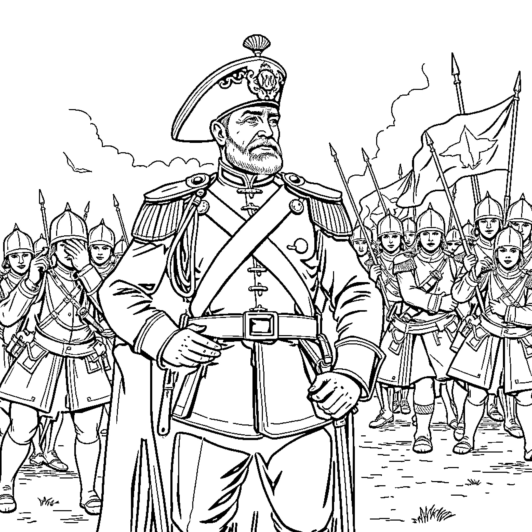 Alfonso Ugarte leading his army of soldiers in battle Coloring Page (free black-and-white line drawing printable PDF for all, from beginners to advanced learners, including children, teens, adults, and seniors)