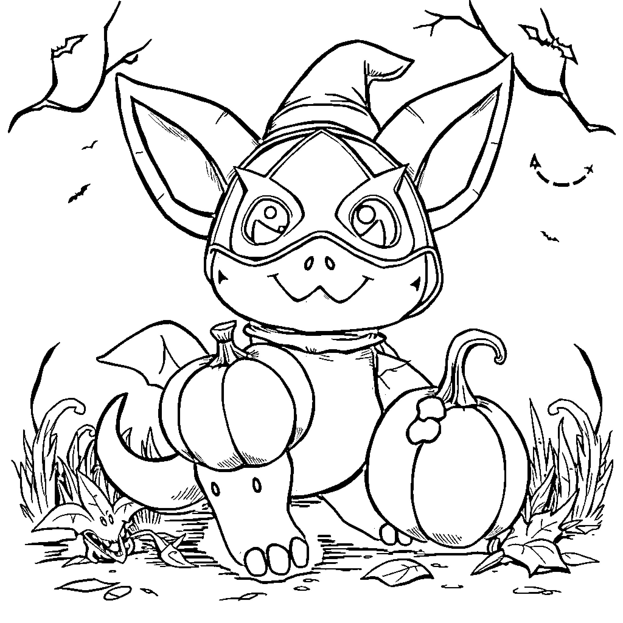 Cubone with Halloween pumpkins in spooky forest Coloring Page (free black-and-white line drawing printable PDF for all, from beginners to advanced learners, including children, teens, adults, and seniors)