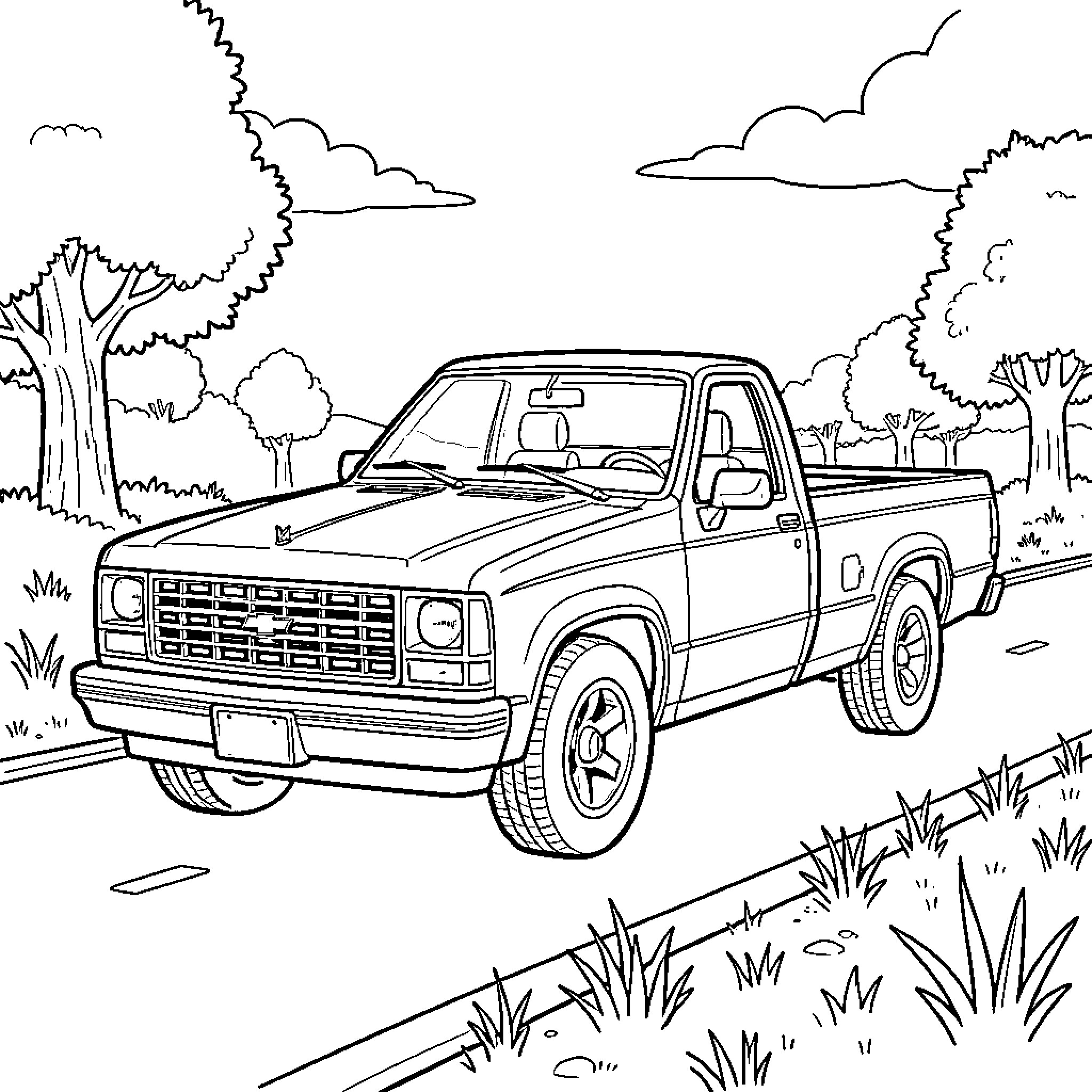 Chevy S10 driving along a scenic roadside Coloring Page (free black-and-white line drawing printable PDF for all, from beginners to advanced learners, including children, teens, adults, and seniors)