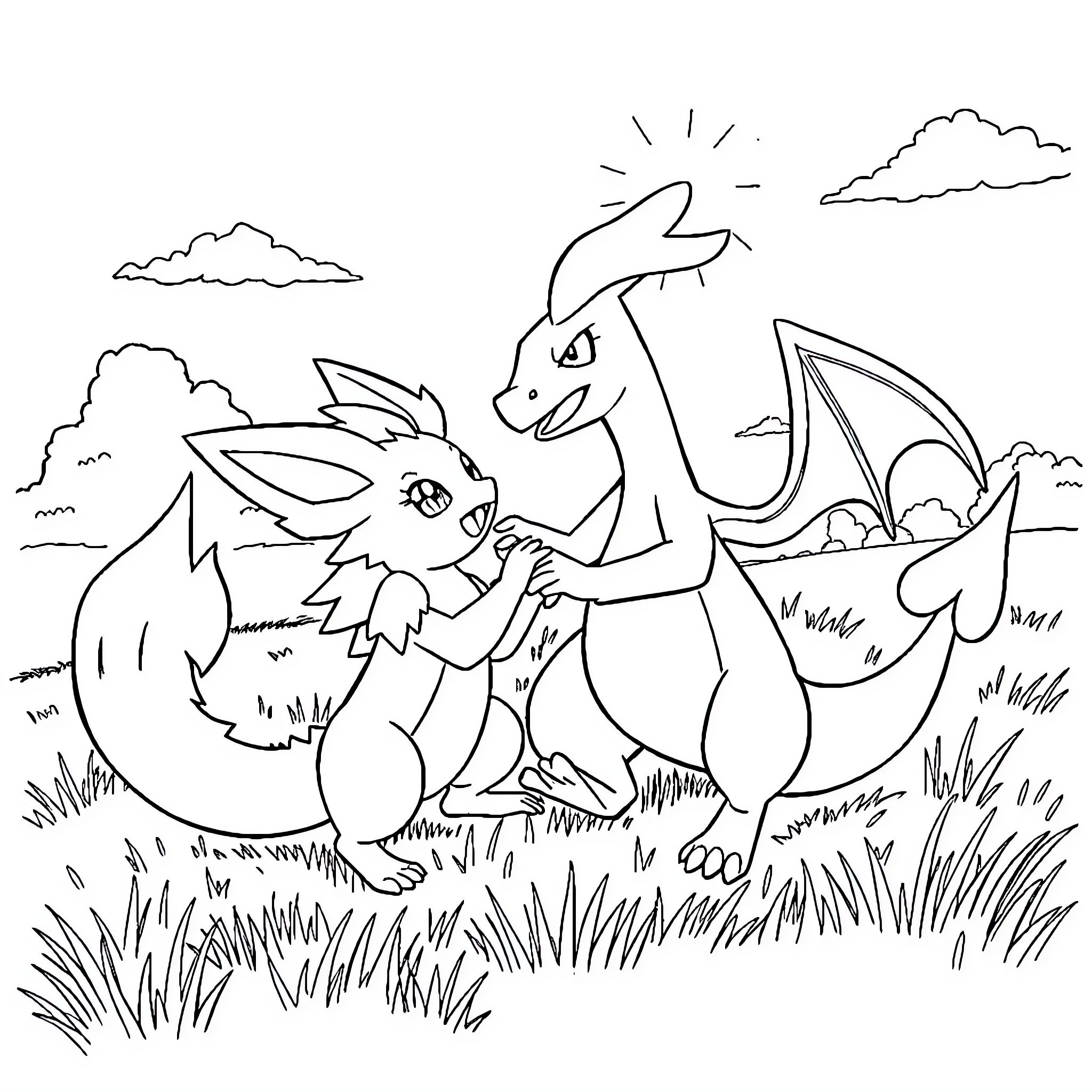 Ninetales playing with Eevee in a scenic setting Coloring Page (free black-and-white line drawing printable PDF for all, from beginners to advanced learners, including children, teens, adults, and seniors)