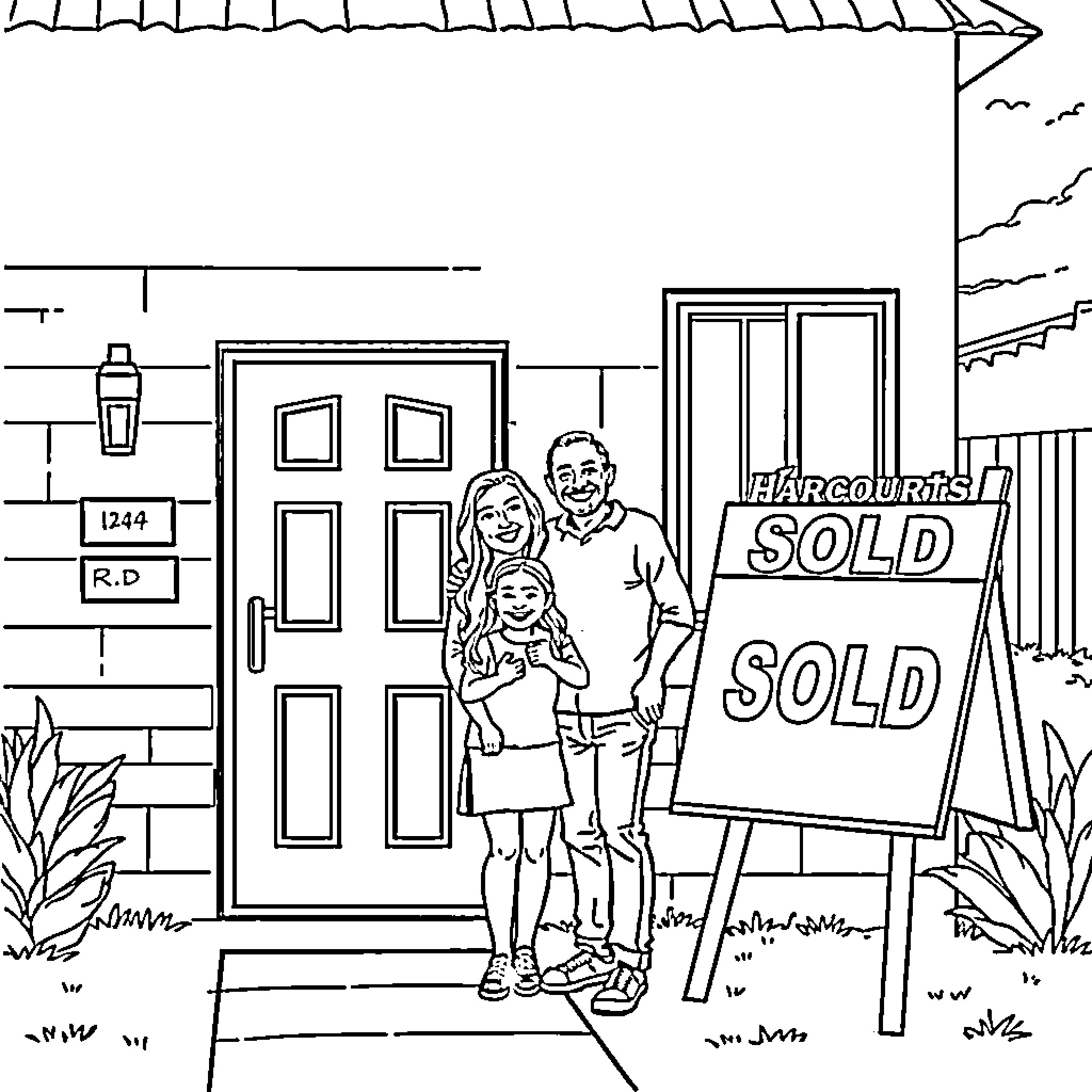 Family celebrating sale of new home Coloring Page (free black-and-white line drawing printable PDF for all, from beginners to advanced learners, including children, teens, adults, and seniors)