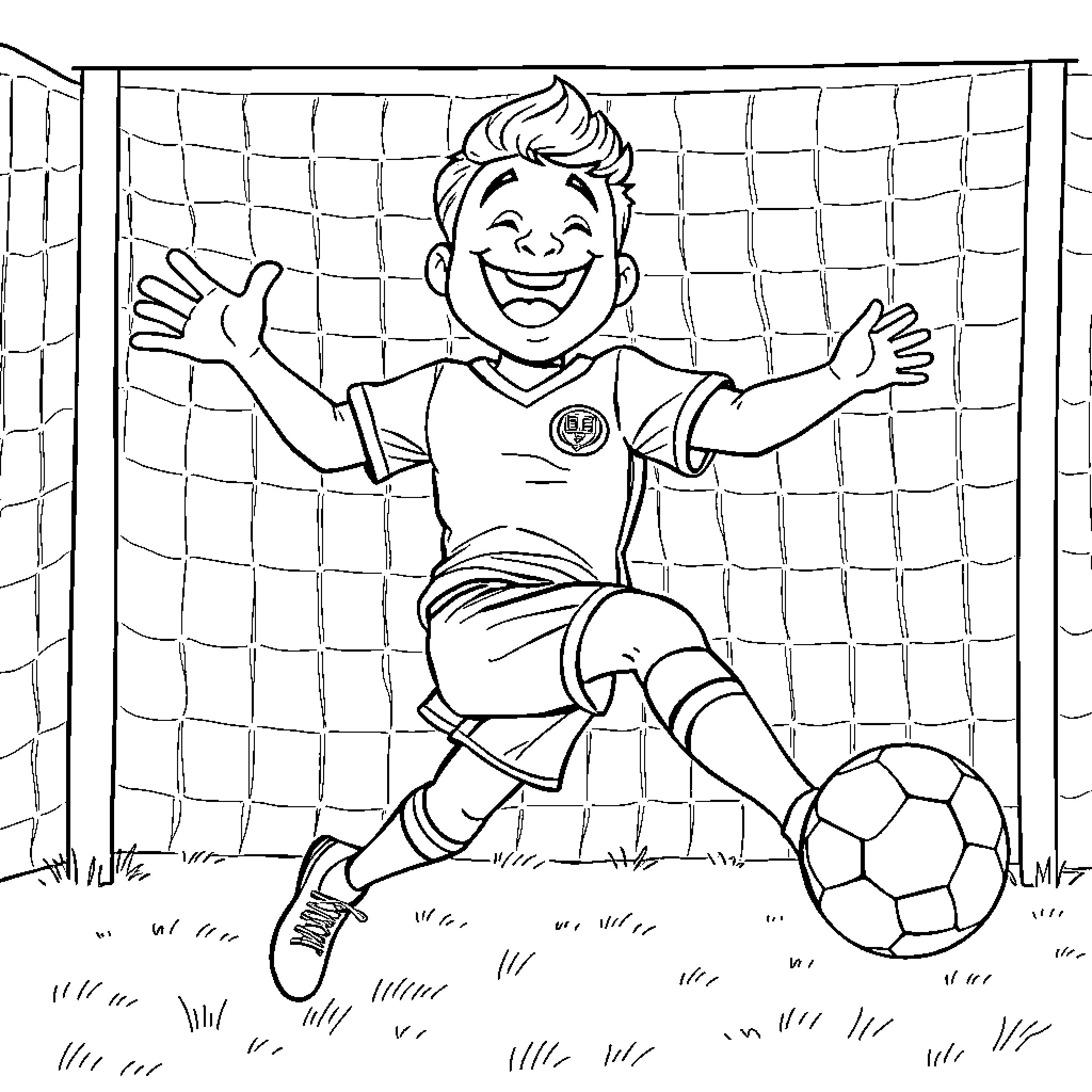 Fußballspieler in Aktion auf dem Fußballfeld Coloring Page (free black-and-white line drawing printable PDF for all, from beginners to advanced learners, including children, teens, adults, and seniors)