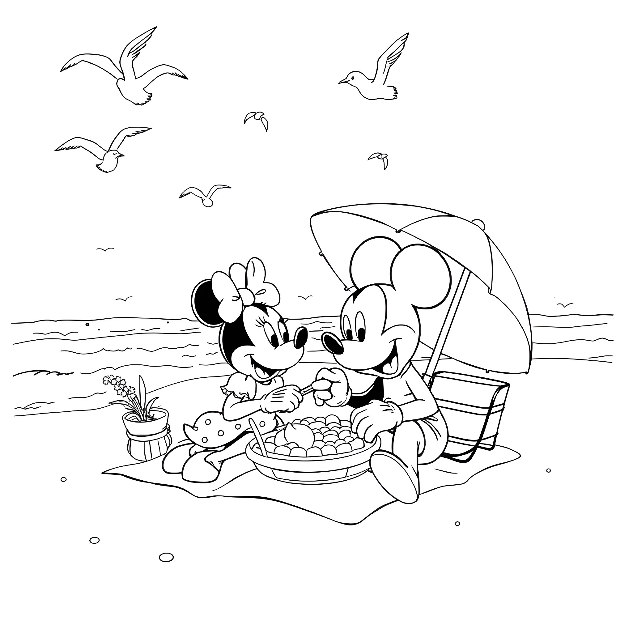 Minnie Mouse and Mickey Mouse enjoying a day at the beach Coloring Page (free black-and-white line drawing printable PDF for all, from beginners to advanced learners, including children, teens, adults, and seniors)