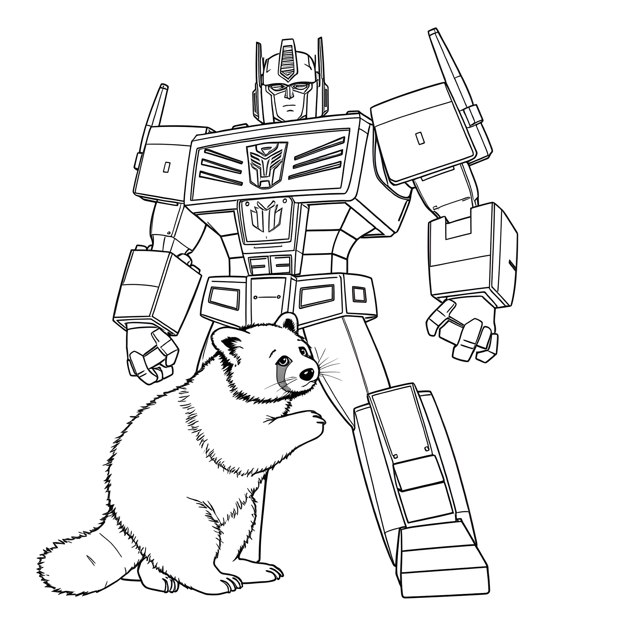 Optimus Prime and a puppy in an epic pose Coloring Page (free black-and-white line drawing printable PDF for all, from beginners to advanced learners, including children, teens, adults, and seniors)