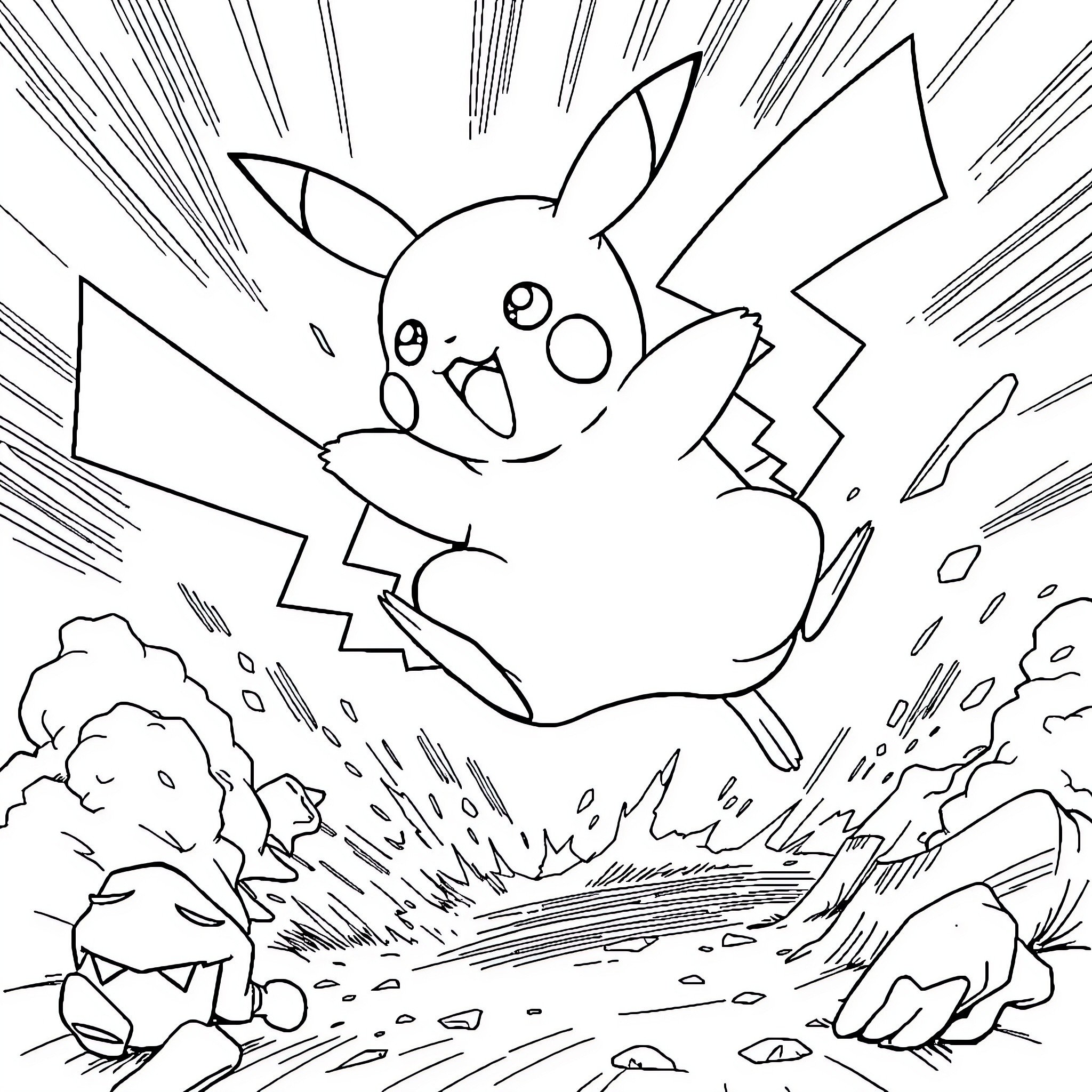 Pikachu using electric attack in the wilderness Coloring Page (free black-and-white line drawing printable PDF for all, from beginners to advanced learners, including children, teens, adults, and seniors)