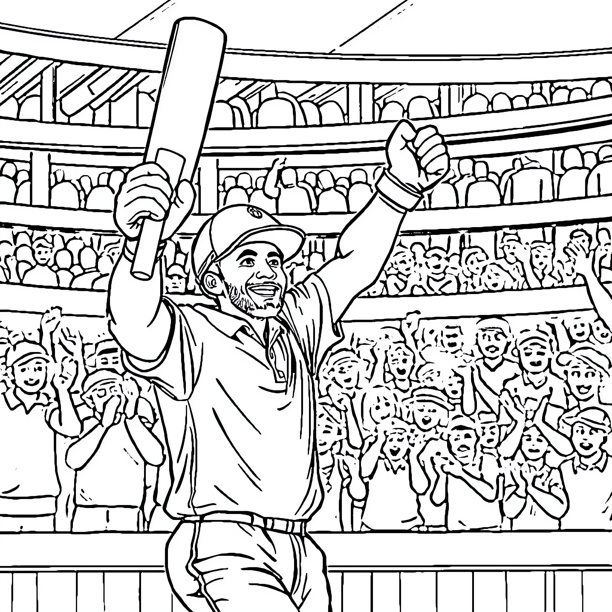 Batsman celebrating victory in a cricket stadium Coloring Page (free black-and-white line drawing printable PDF for all, from beginners to advanced learners, including children, teens, adults, and seniors)