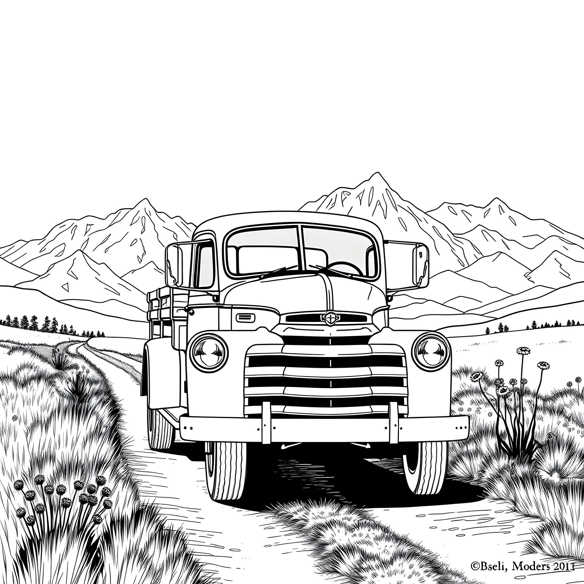 Truck Driving on Mountain Road Through Wilderness Coloring Page (free black-and-white line drawing printable PDF for all, from beginners to advanced learners, including children, teens, adults, and seniors)