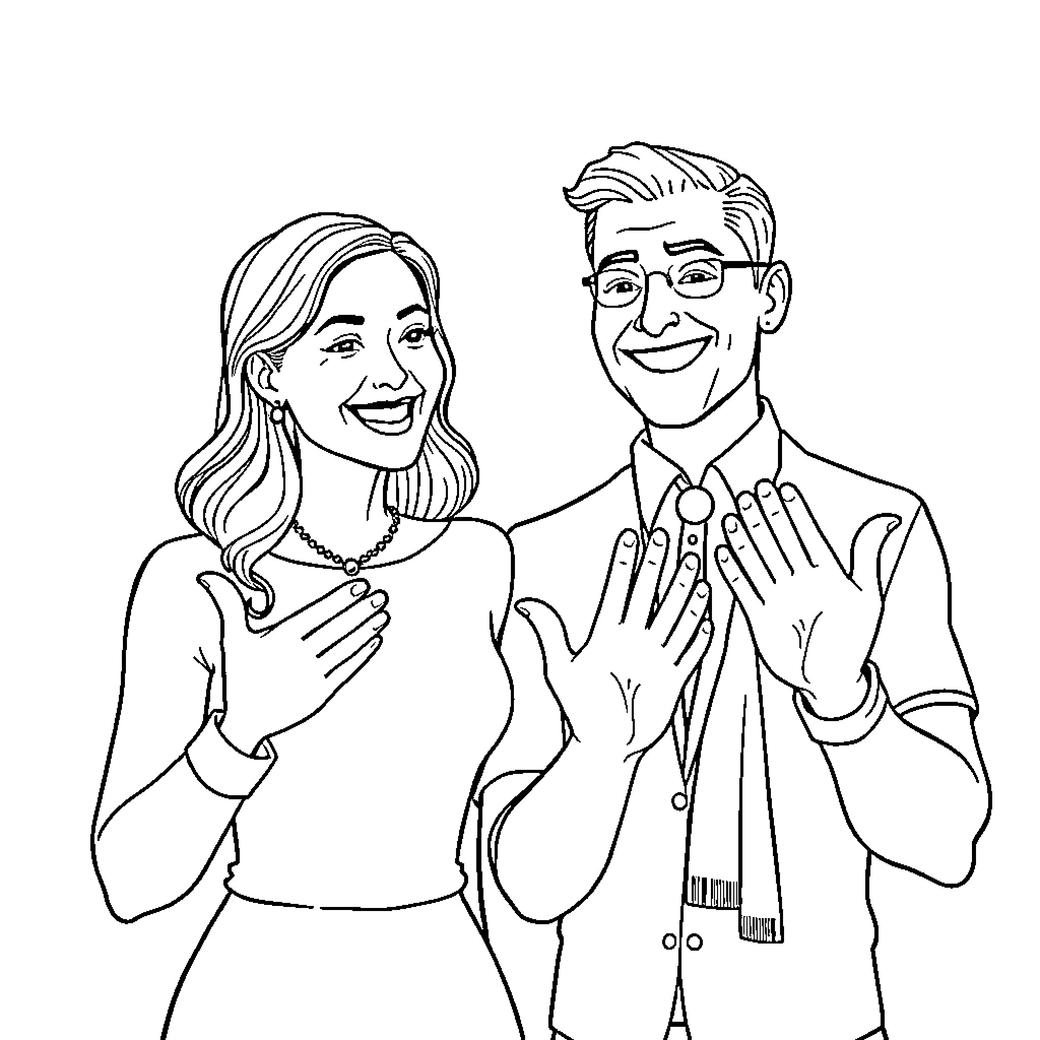 Couple celebrating and applauding happily Coloring Page (free black-and-white line drawing printable PDF for all, from beginners to advanced learners, including children, teens, adults, and seniors)