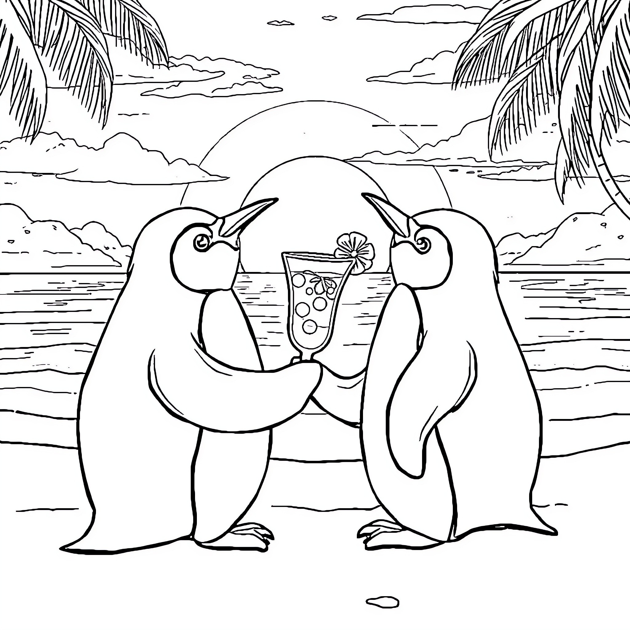 Penguins enjoying a tropical beach cocktail Coloring Page (free black-and-white line drawing printable PDF for all, from beginners to advanced learners, including children, teens, adults, and seniors)