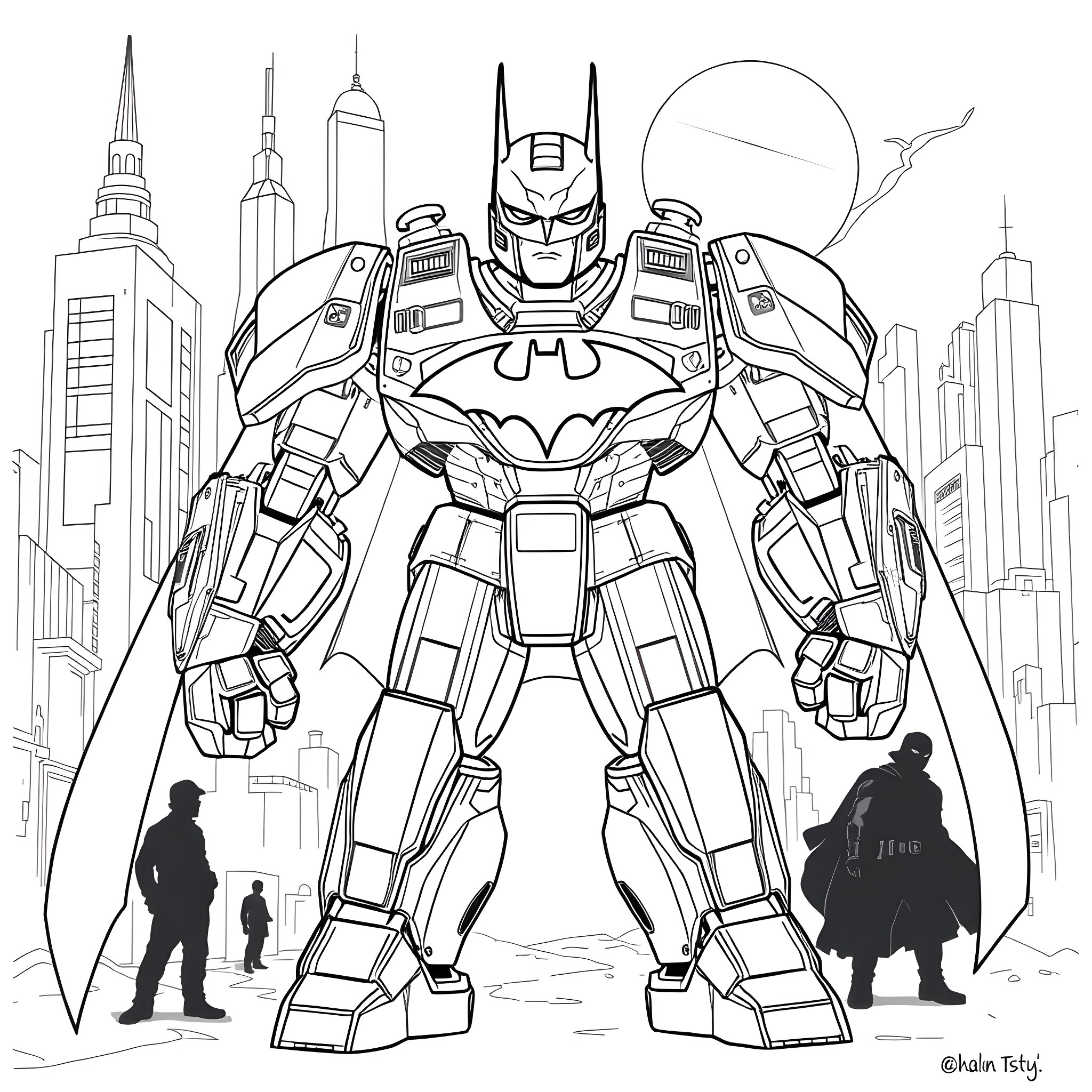 Justice Buster Protects the City in the Shadows Coloring Page (free black-and-white line drawing printable PDF for all, from beginners to advanced learners, including children, teens, adults, and seniors)