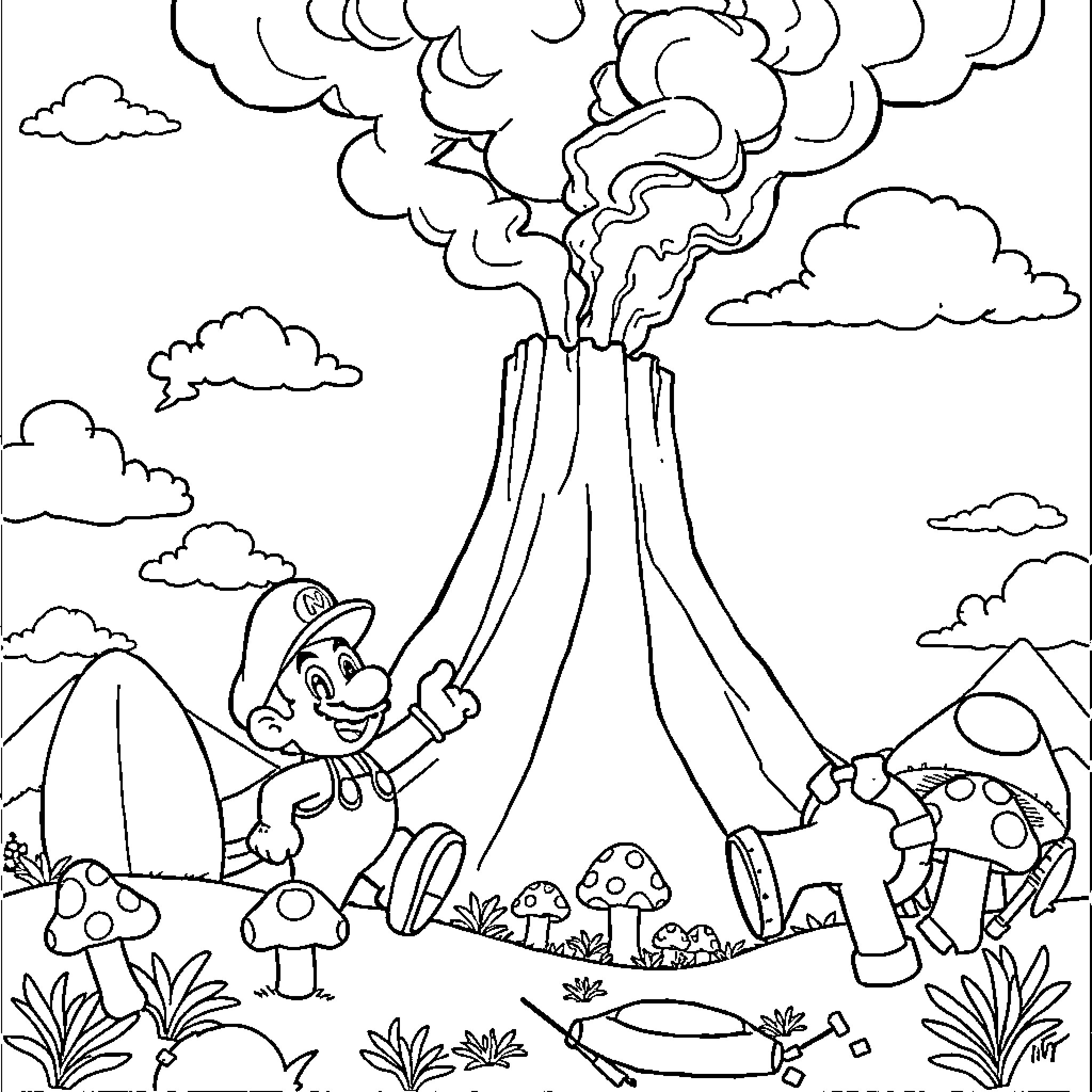 Mario's Adventure in the Volcanic Landscape Coloring Page (free black-and-white line drawing printable PDF for all, from beginners to advanced learners, including children, teens, adults, and seniors)