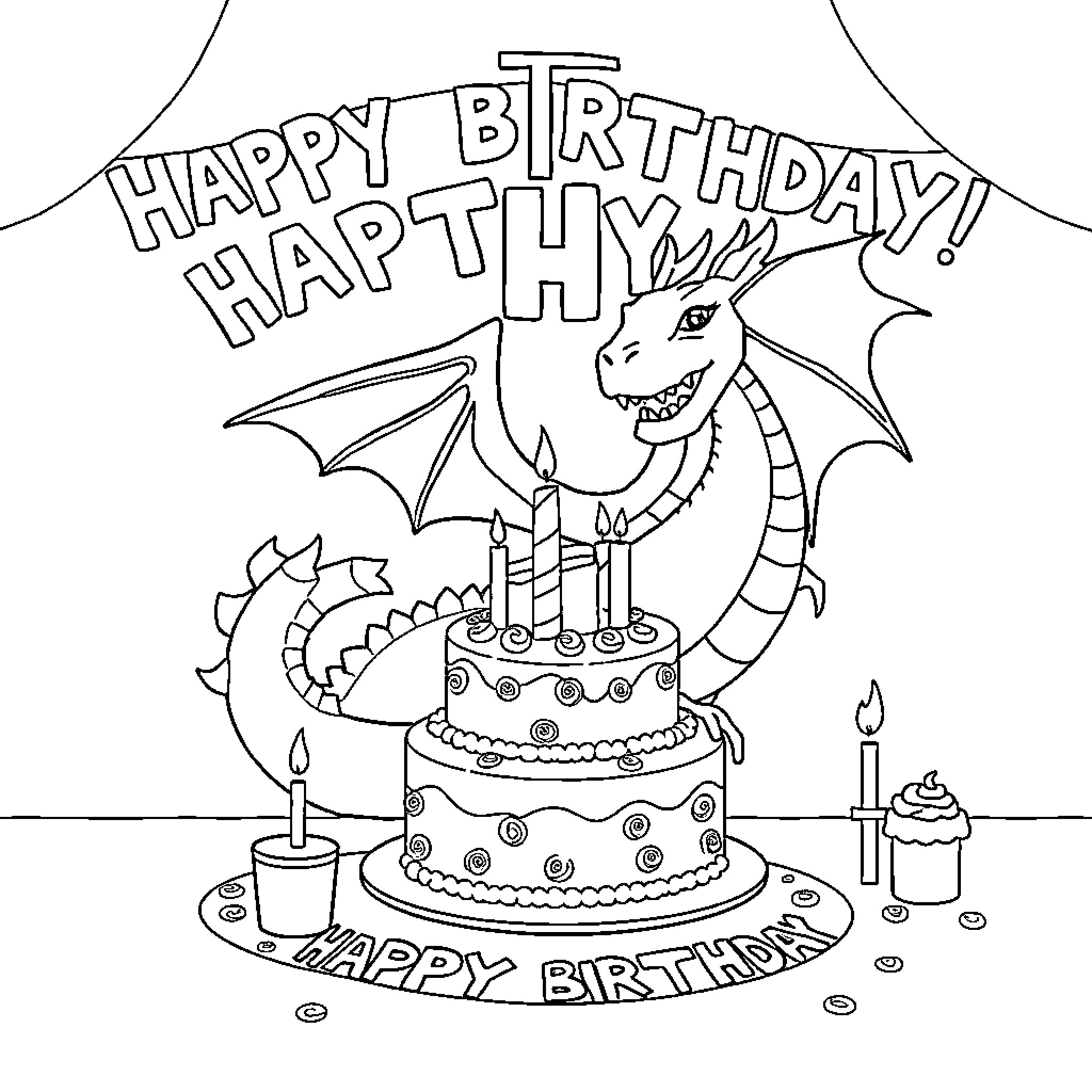 Dragon celebrates a happy birthday with cake Coloring Page (free black-and-white line drawing printable PDF for all, from beginners to advanced learners, including children, teens, adults, and seniors)