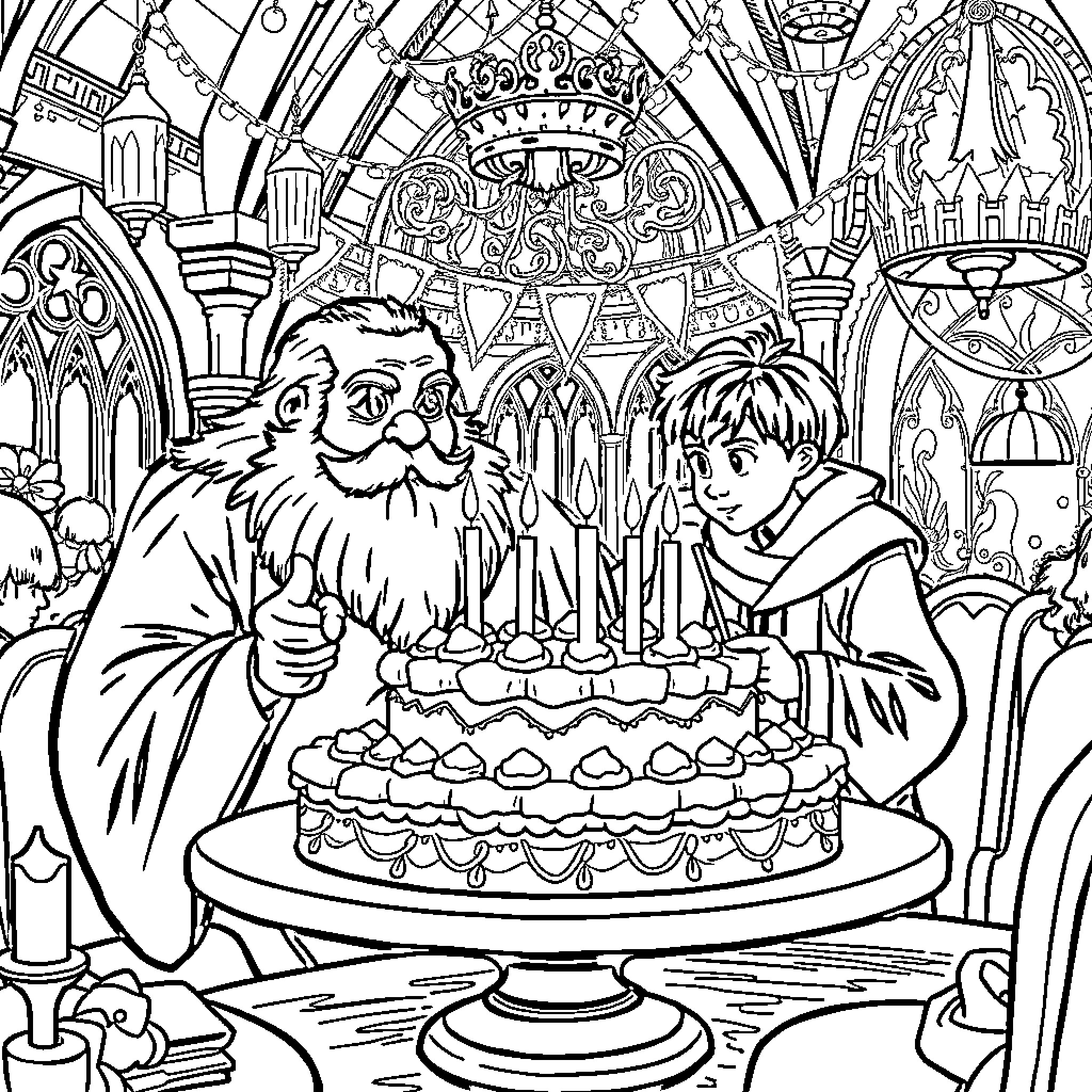 Hagrid celebrating a special occasion with Harry Potter Coloring Page (free black-and-white line drawing printable PDF for all, from beginners to advanced learners, including children, teens, adults, and seniors)