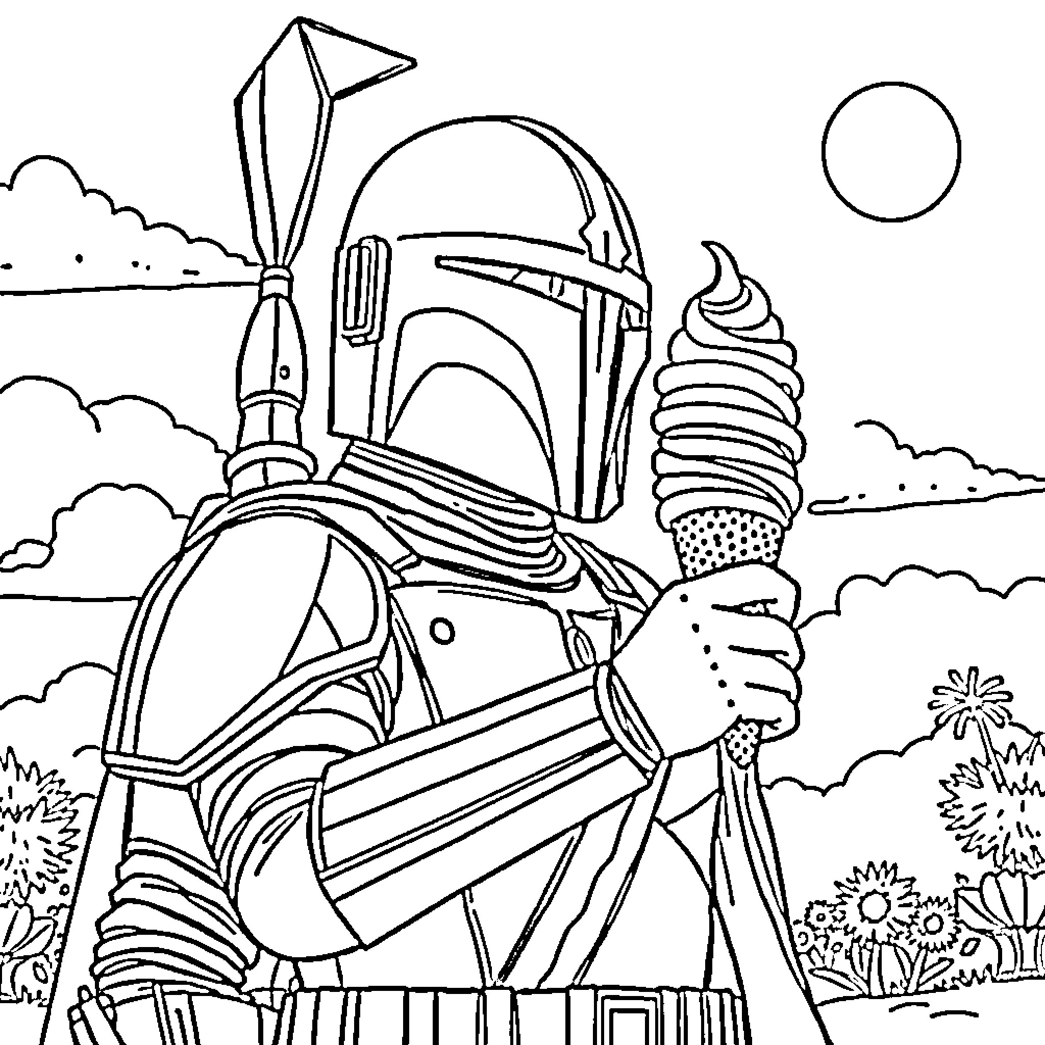 Mandalorian Warrior Enjoying Frozen Treat in Nature Coloring Page (free black-and-white line drawing printable PDF for all, from beginners to advanced learners, including children, teens, adults, and seniors)