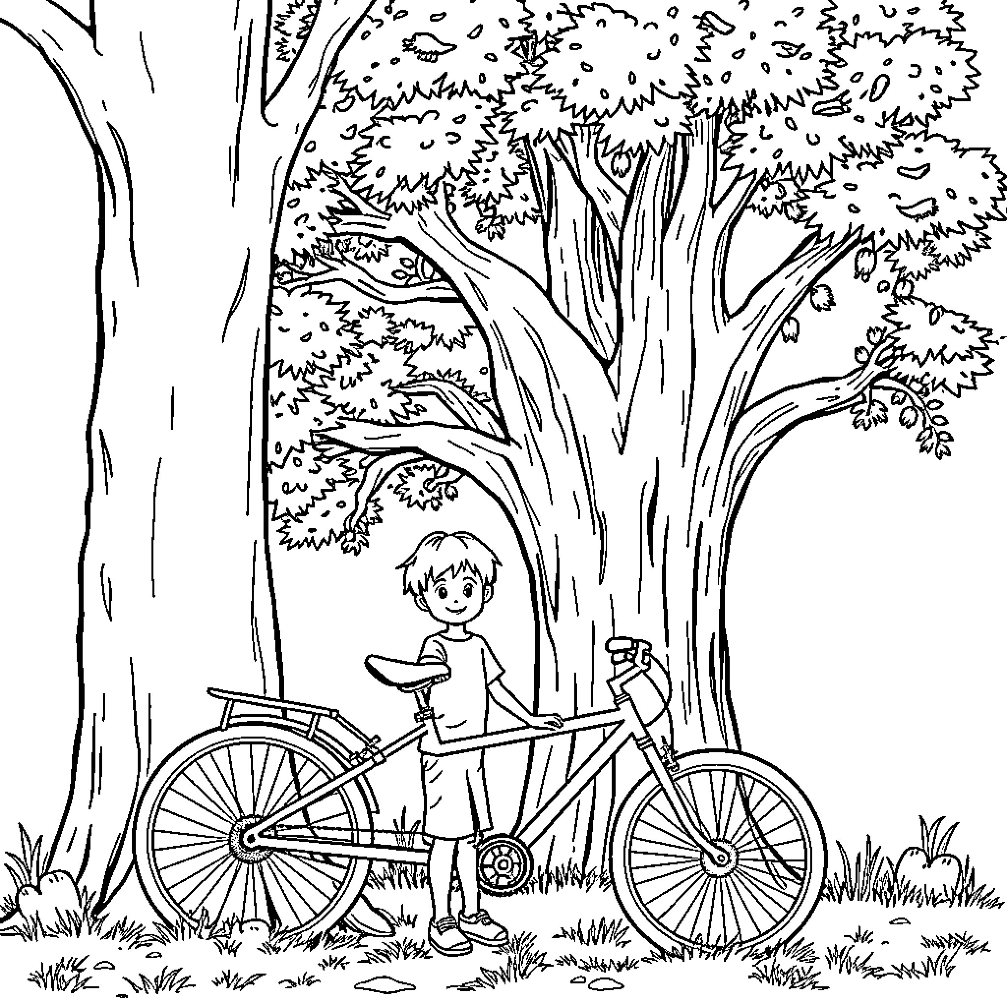 Boy riding bicycle in the forest Coloring Page (free black-and-white line drawing printable PDF for all, from beginners to advanced learners, including children, teens, adults, and seniors)