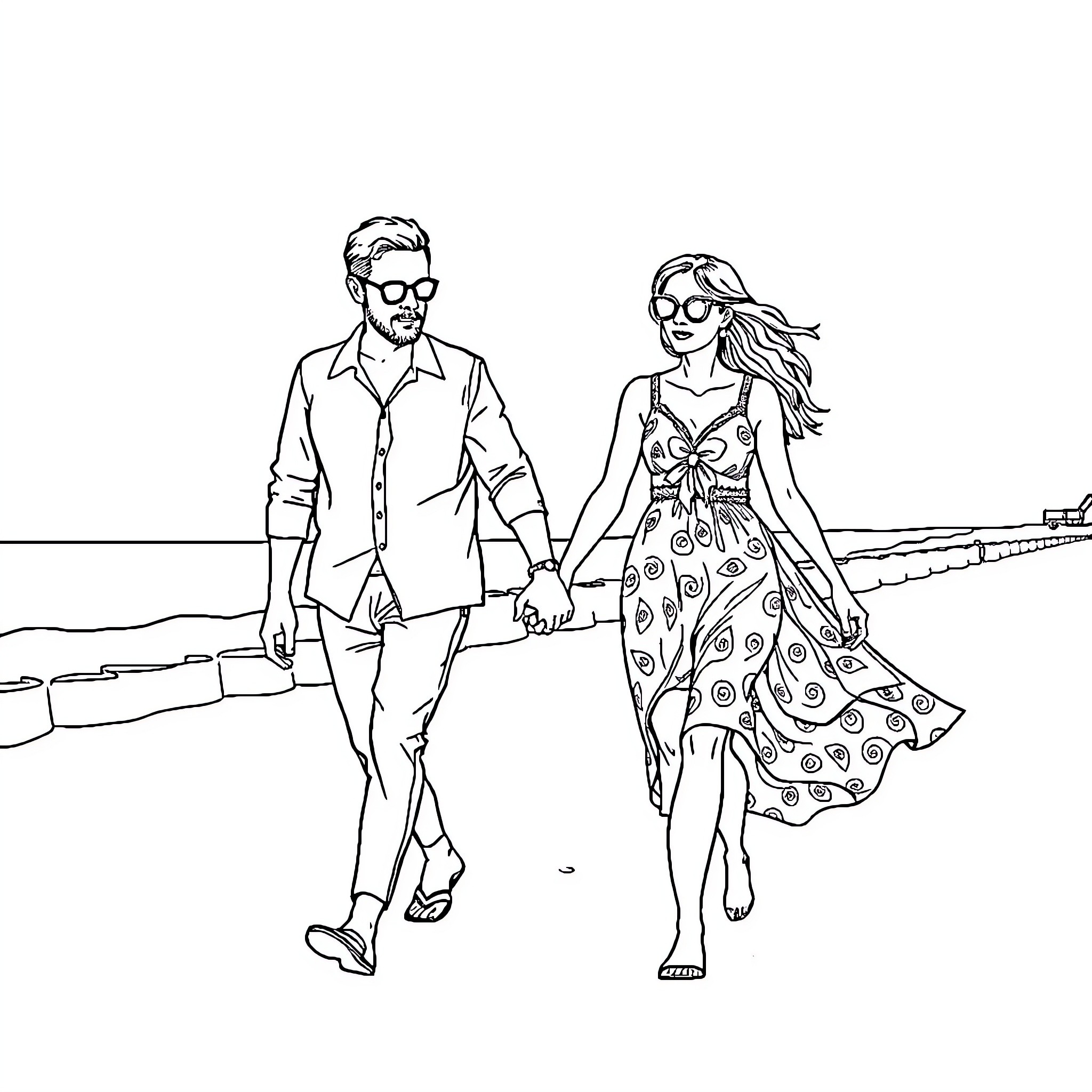 Monsieur Madame strolling along the beach Coloring Page (free black-and-white line drawing printable PDF for all, from beginners to advanced learners, including children, teens, adults, and seniors)
