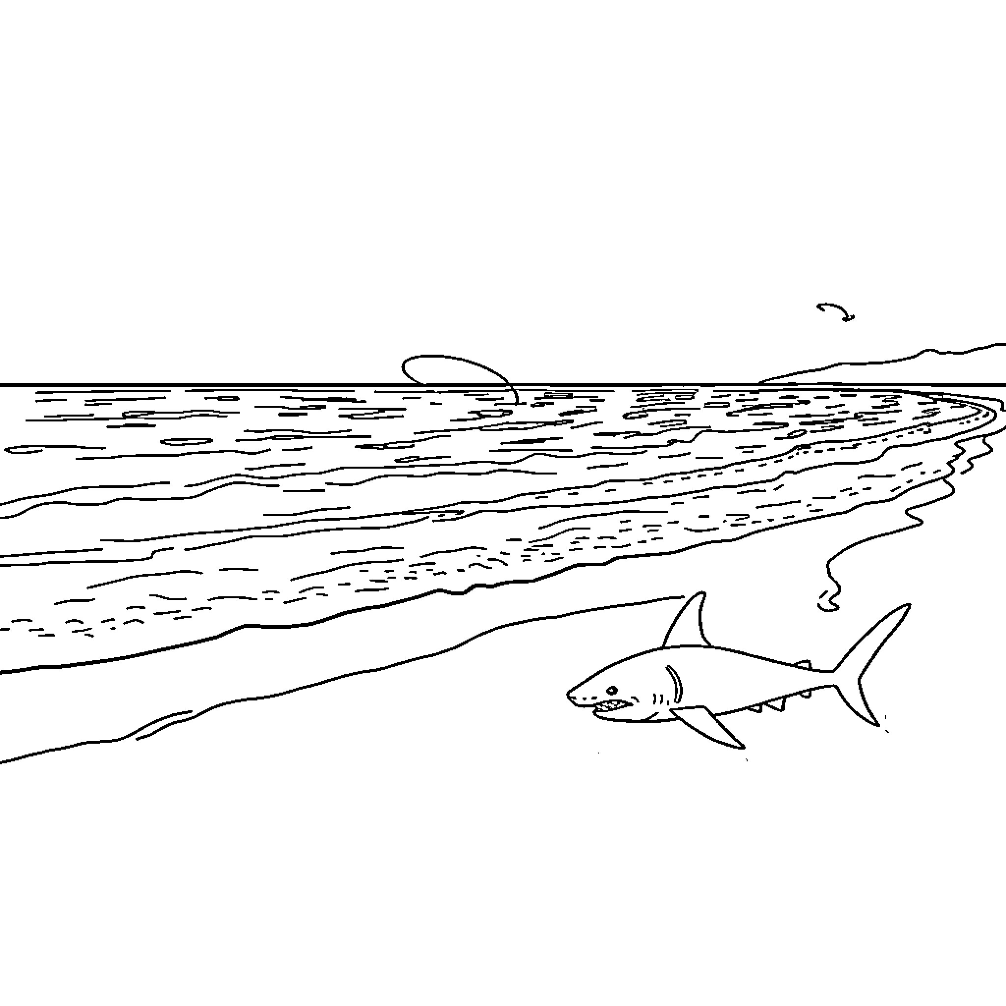 Shark hunting in the deep ocean Coloring Page (free black-and-white line drawing printable PDF for all, from beginners to advanced learners, including children, teens, adults, and seniors)
