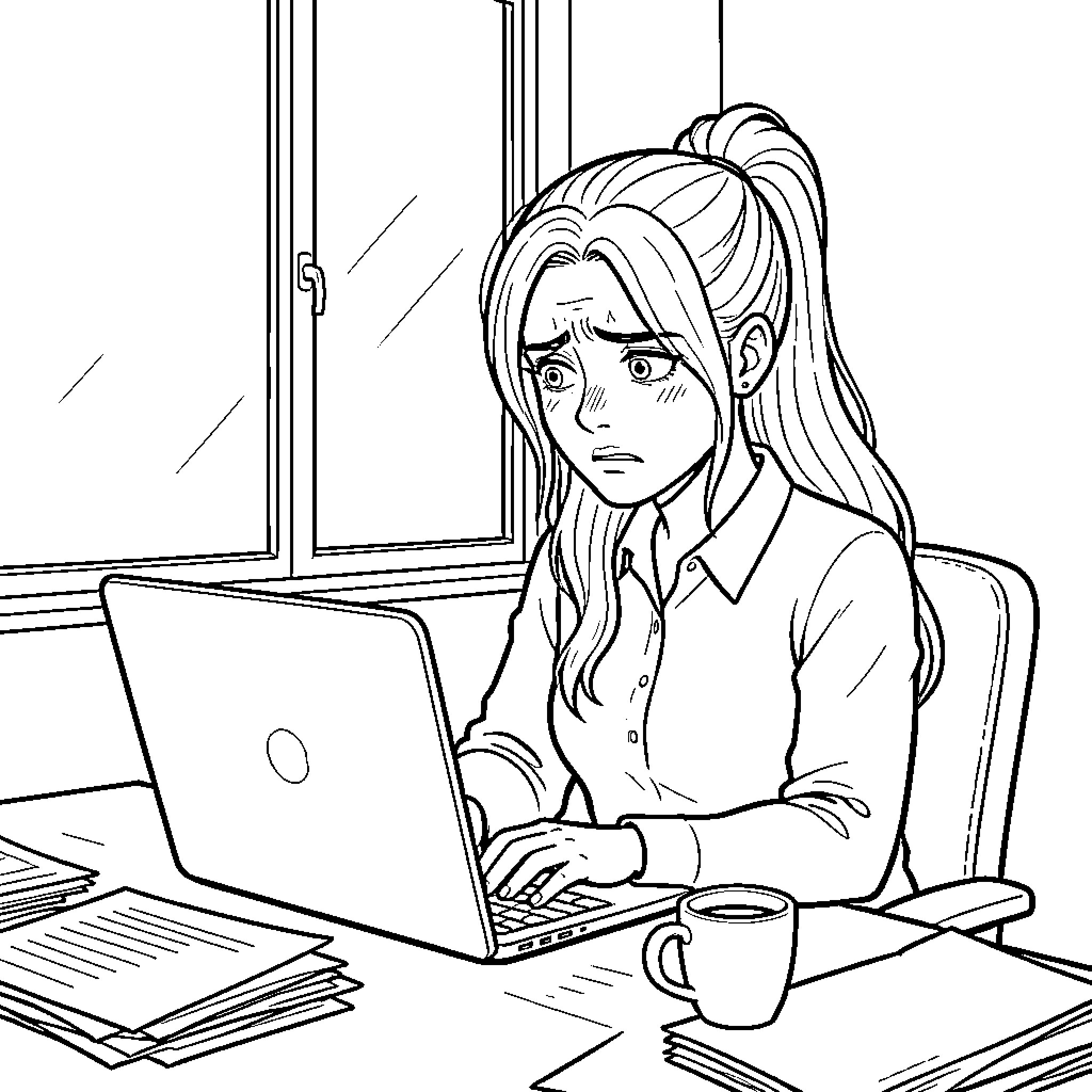 Mujer con expresión preocupada trabajando frente a su laptop Coloring Page (free black-and-white line drawing printable PDF for all, from beginners to advanced learners, including children, teens, adults, and seniors)