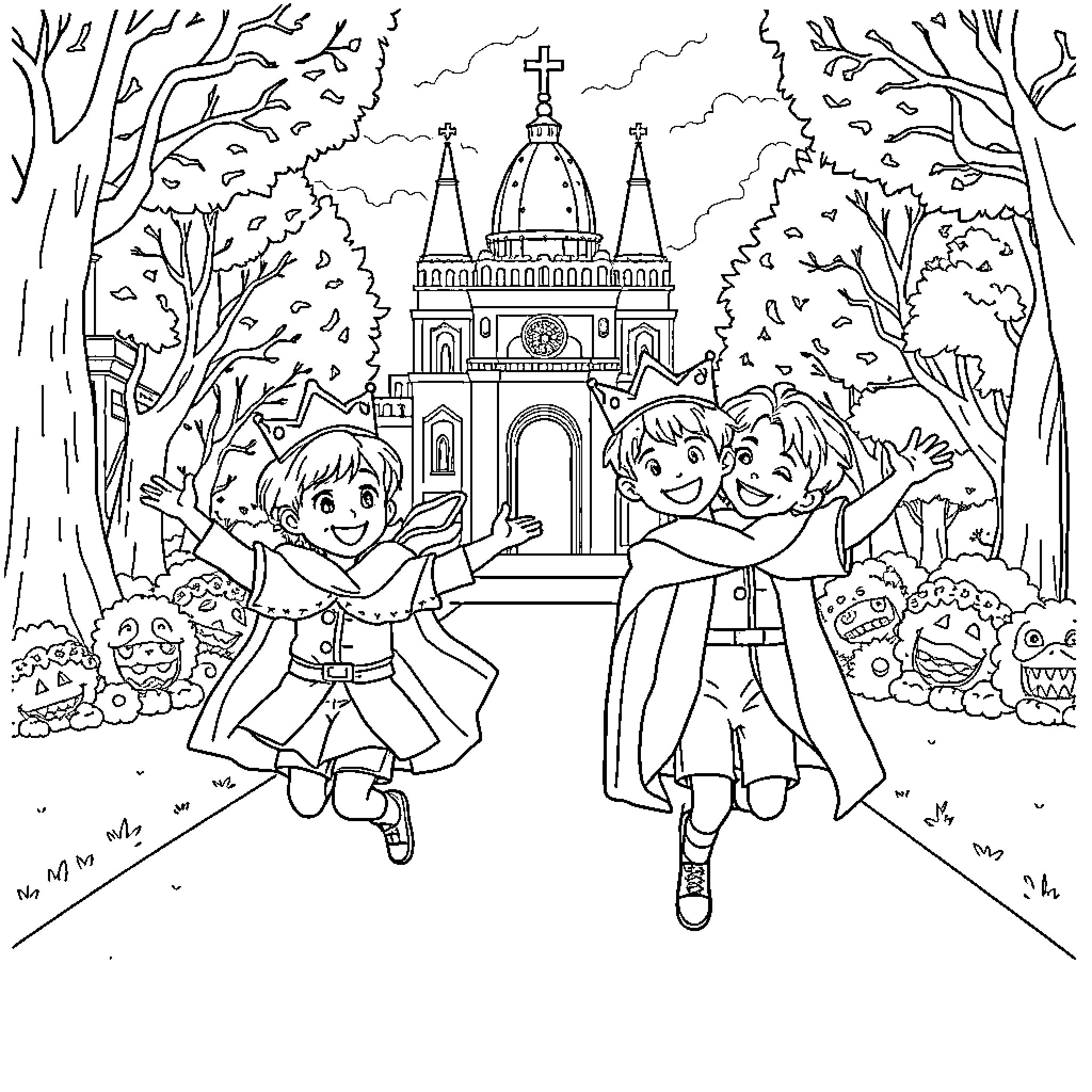 Child King's Joyous Celebration at the Cathedral Coloring Page (free black-and-white line drawing printable PDF for all, from beginners to advanced learners, including children, teens, adults, and seniors)
