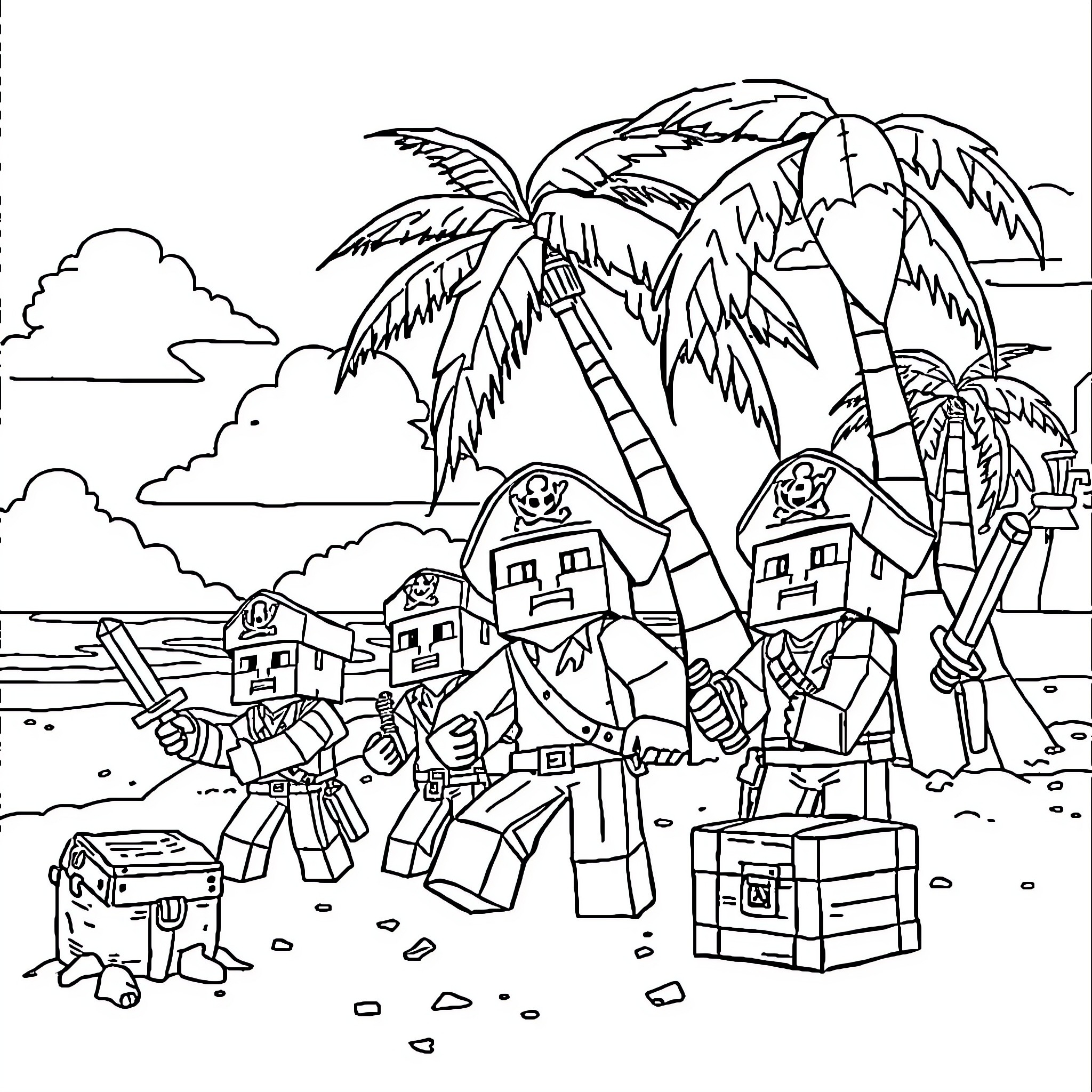 Minecraft Characters Exploring Tropical Island Coloring Page (free black-and-white line drawing printable PDF for all, from beginners to advanced learners, including children, teens, adults, and seniors)