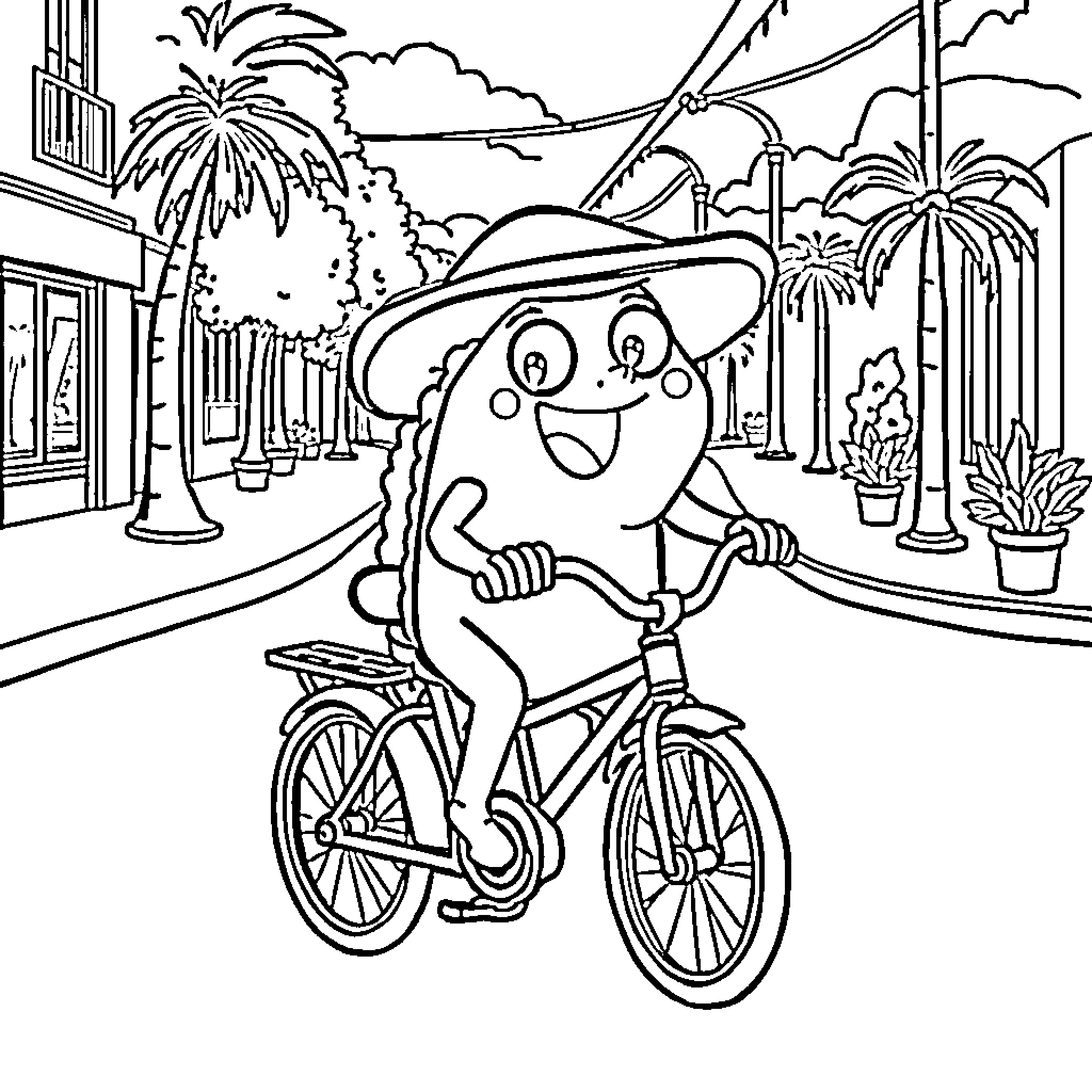 Taco Rider Enjoying a Bicycle Tour Coloring Page (free black-and-white line drawing printable PDF for all, from beginners to advanced learners, including children, teens, adults, and seniors)
