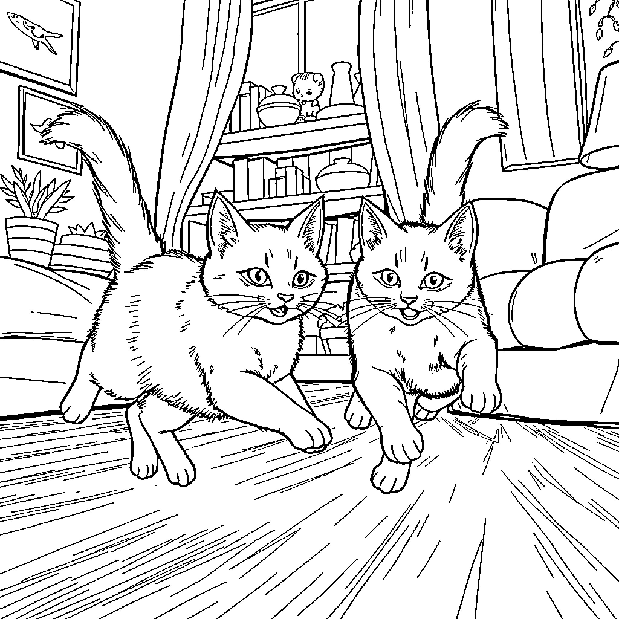 Cats exploring cozy indoor setting Coloring Page (free black-and-white line drawing printable PDF for all, from beginners to advanced learners, including children, teens, adults, and seniors)
