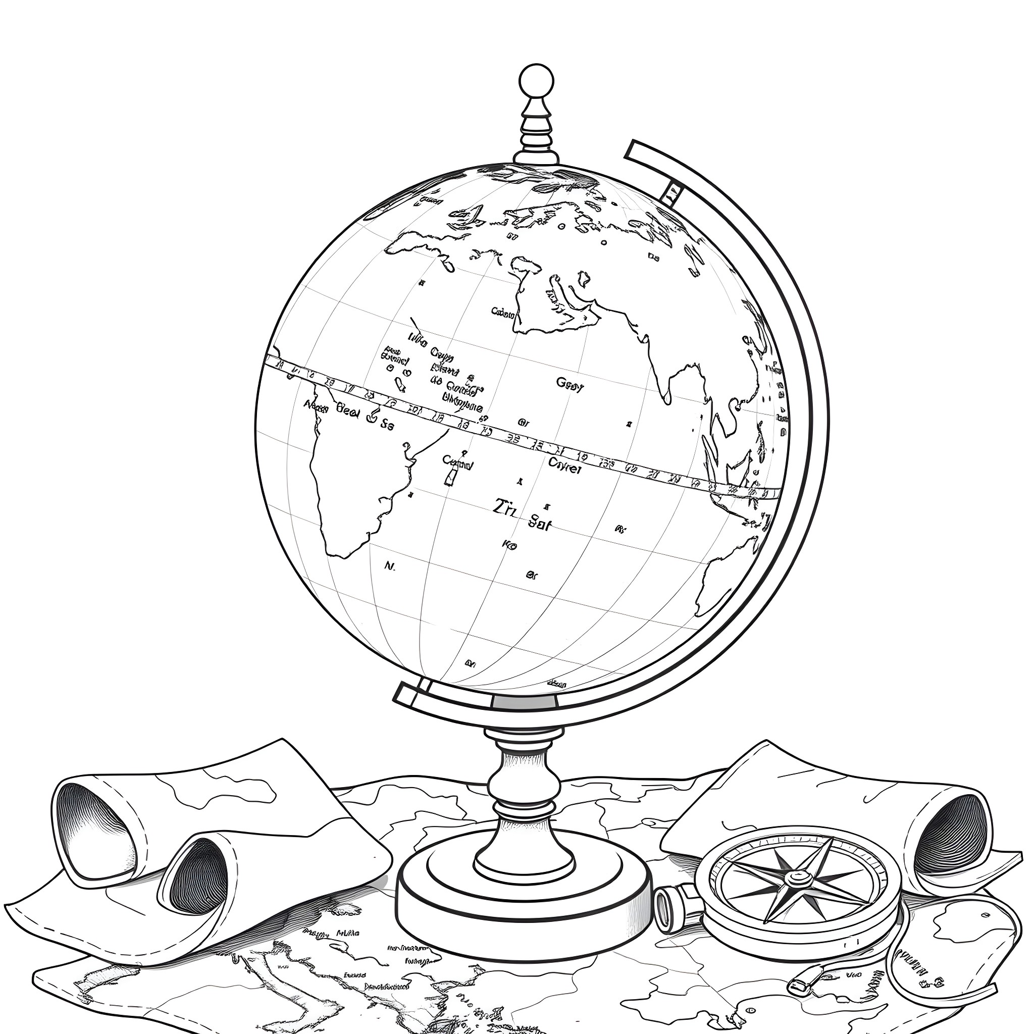 Globe and Exploration Equipment on Desk Coloring Page (free black-and-white line drawing printable PDF for all, from beginners to advanced learners, including children, teens, adults, and seniors)