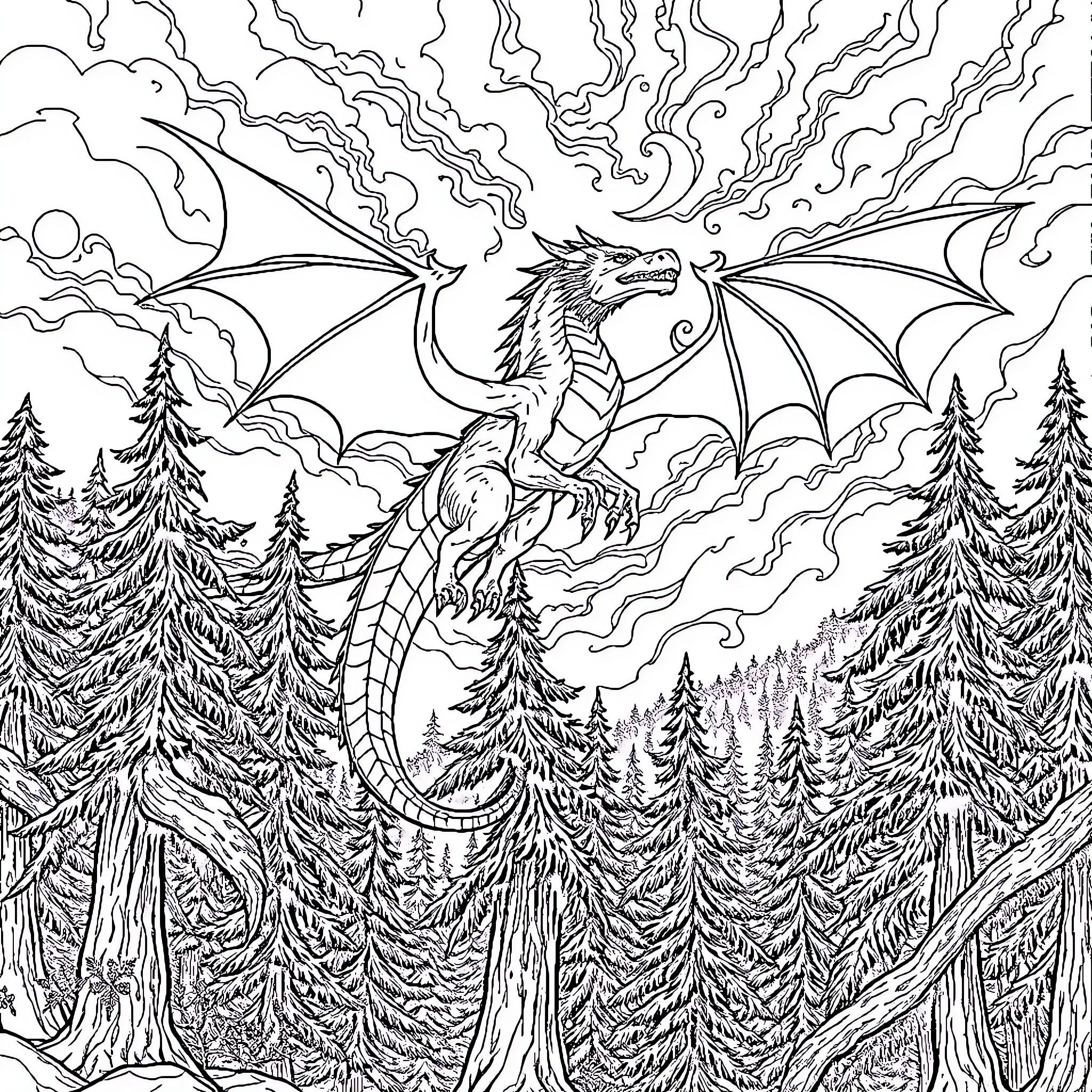 Dragon Soaring Above the Enchanted Forest Coloring Page (free black-and-white line drawing printable PDF for all, from beginners to advanced learners, including children, teens, adults, and seniors)