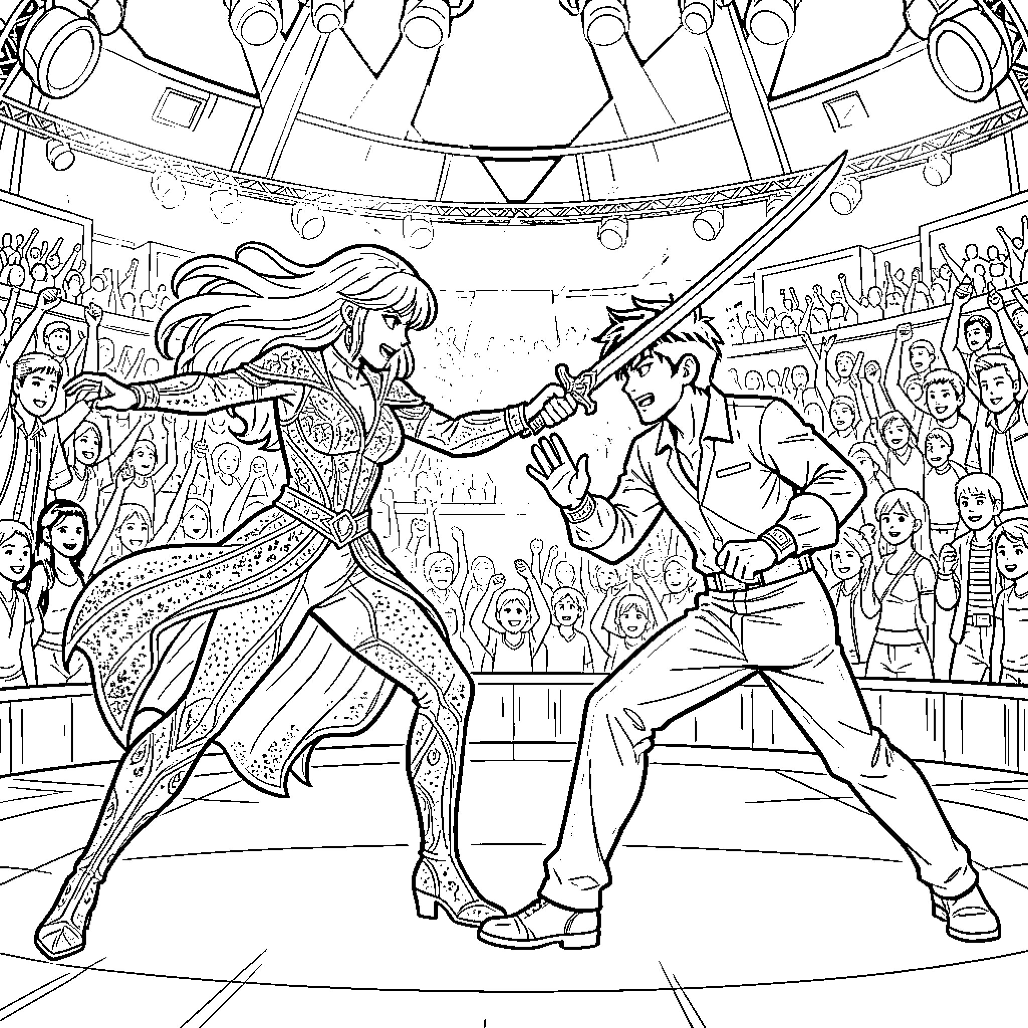 Rumi's Theatrical Battle of Wits and Skill Coloring Page (free black-and-white line drawing printable PDF for all, from beginners to advanced learners, including children, teens, adults, and seniors)