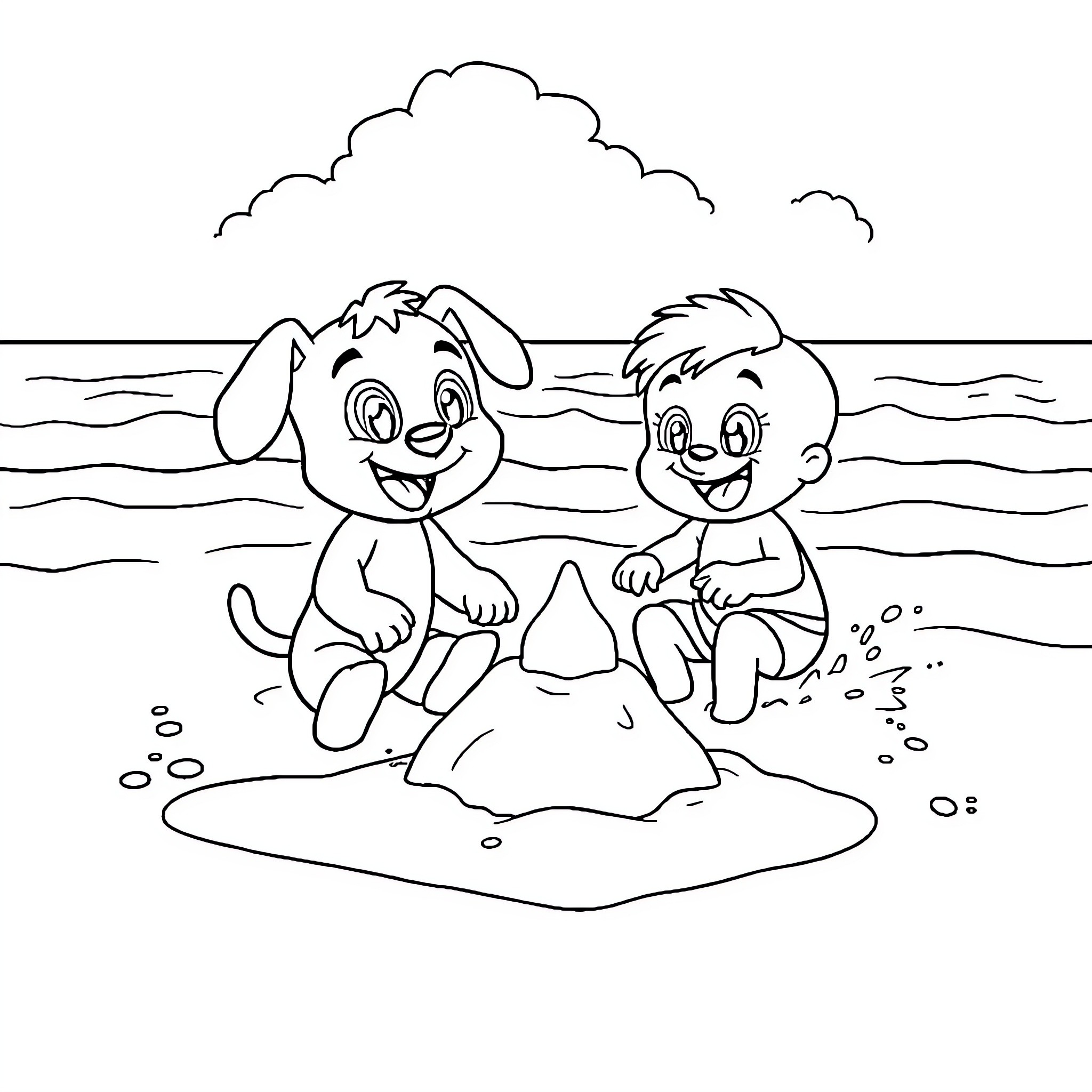 Bluey and friend playing in the ocean Coloring Page (free black-and-white line drawing printable PDF for all, from beginners to advanced learners, including children, teens, adults, and seniors)