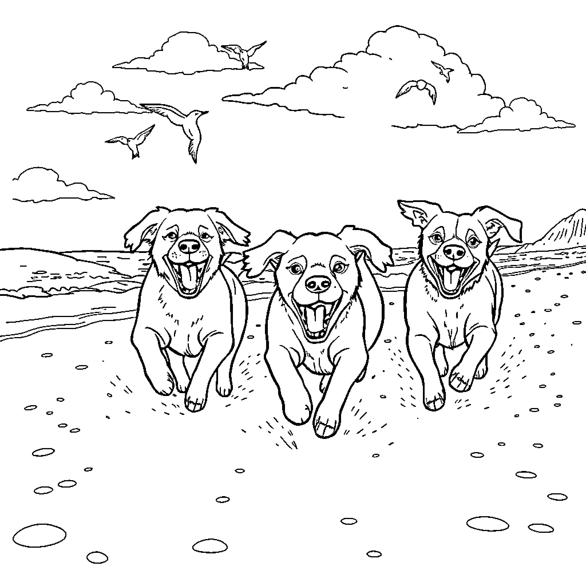 Dogs Running Happily on the Beach Coloring Page (free black-and-white line drawing printable PDF for all, from beginners to advanced learners, including children, teens, adults, and seniors)