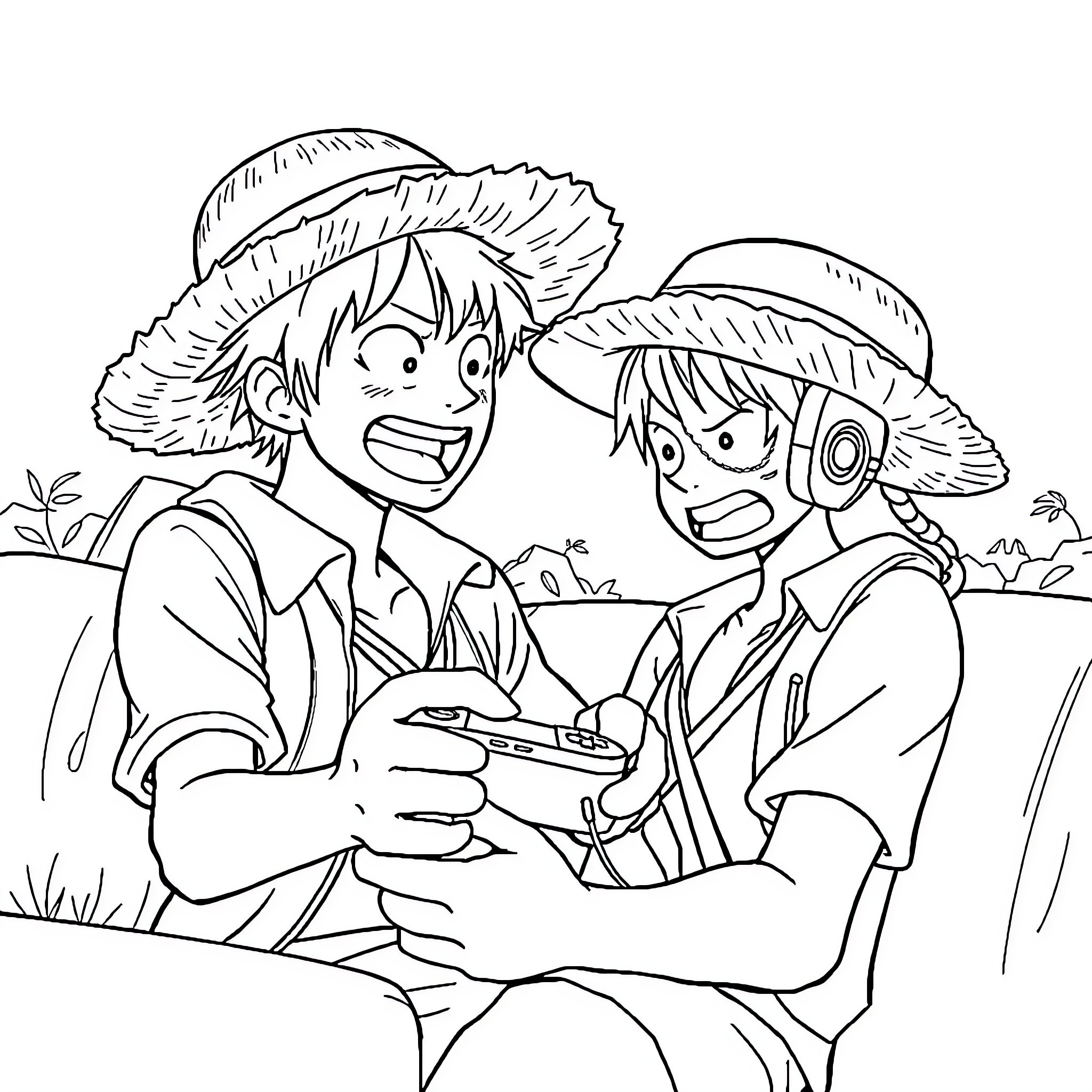 Luffy and Usopp Enjoying Outdoor Adventure Coloring Page (free black-and-white line drawing printable PDF for all, from beginners to advanced learners, including children, teens, adults, and seniors)