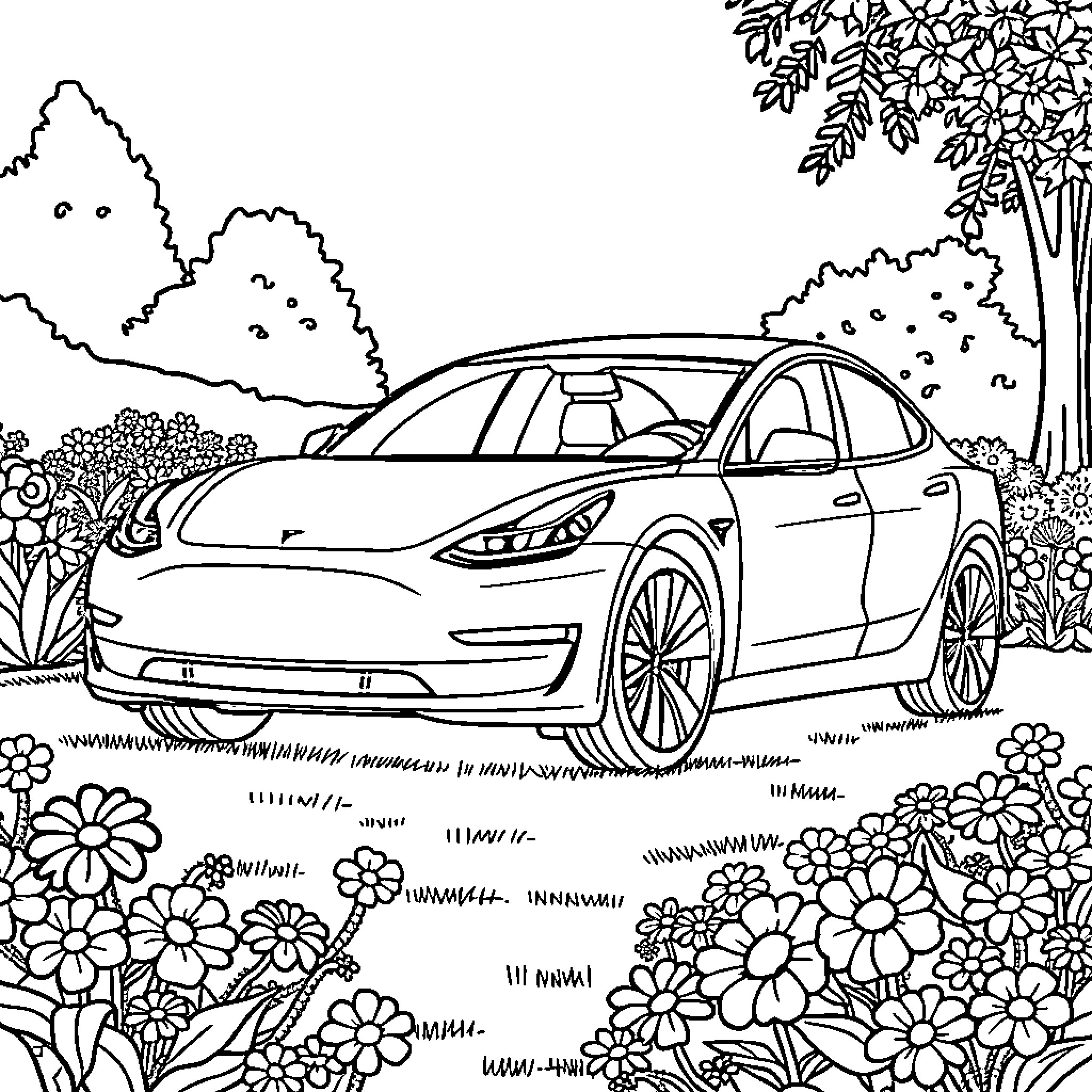 Tesla model electric car in a nature scene Coloring Page (free black-and-white line drawing printable PDF for all, from beginners to advanced learners, including children, teens, adults, and seniors)