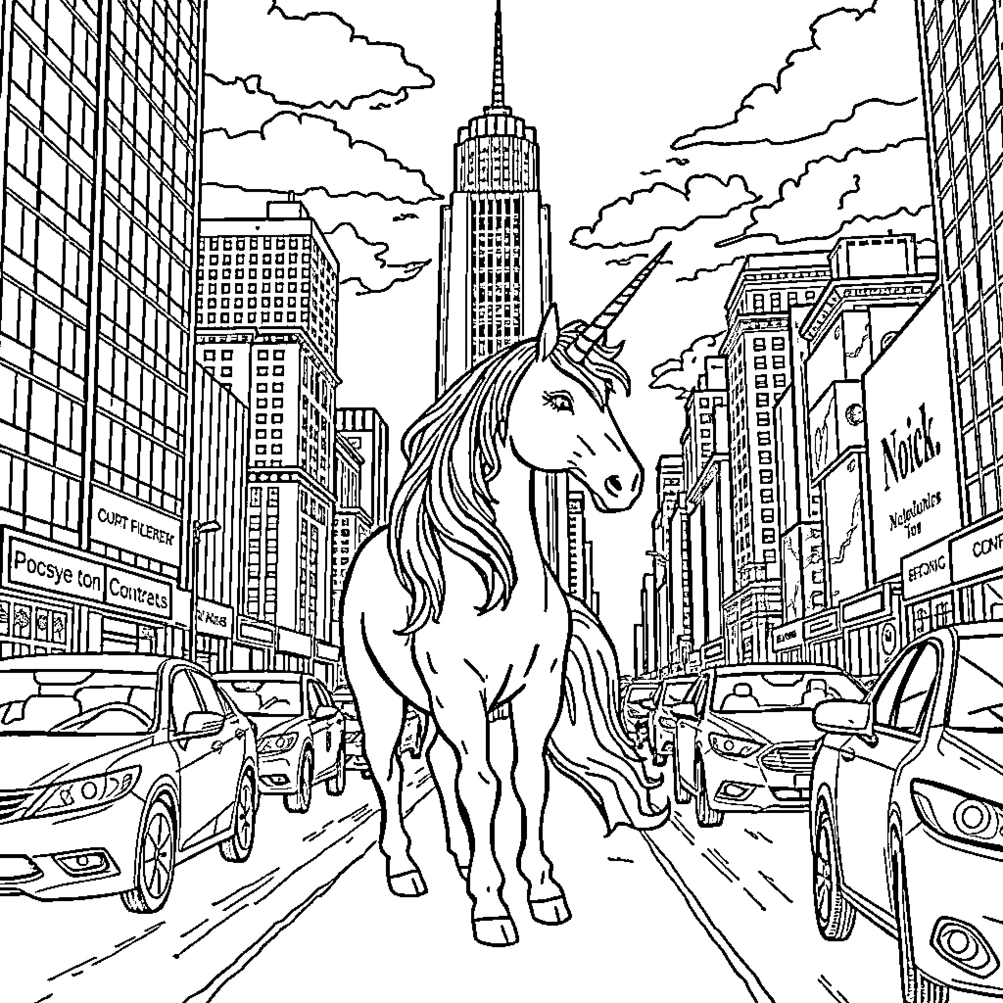 Unicorn strolling through a bustling cityscape Coloring Page (free black-and-white line drawing printable PDF for all, from beginners to advanced learners, including children, teens, adults, and seniors)
