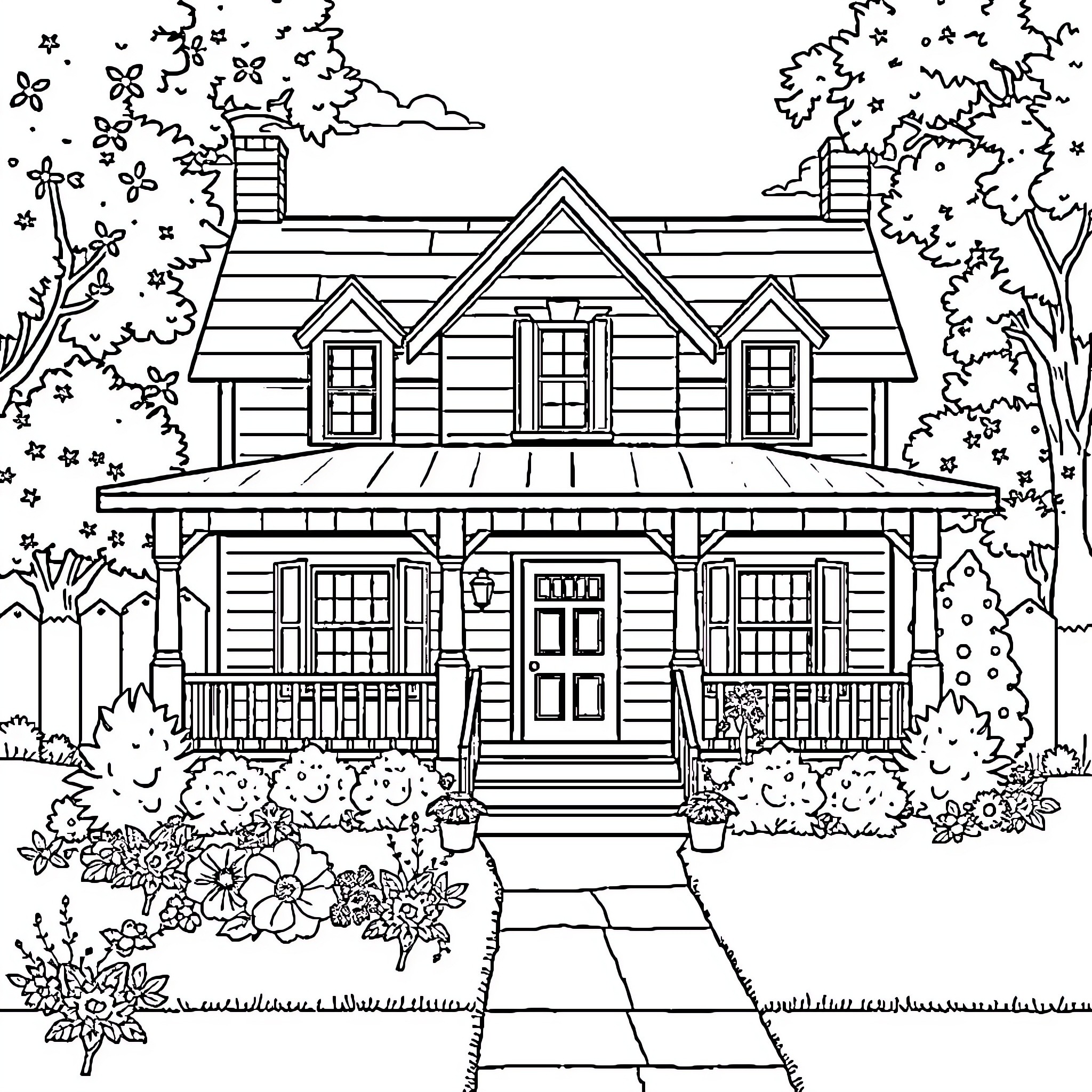 House in a Serene Country Setting Coloring Page (free black-and-white line drawing printable PDF for all, from beginners to advanced learners, including children, teens, adults, and seniors)