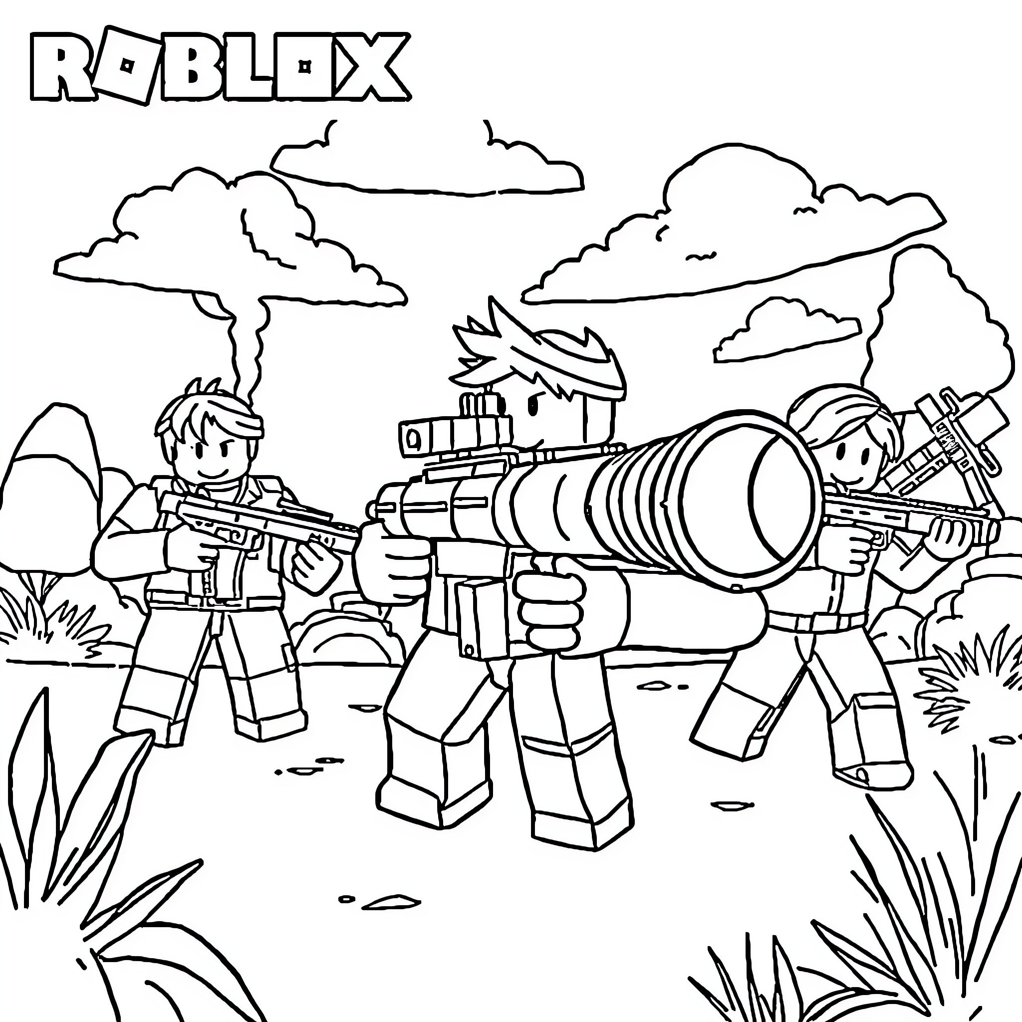 Roblox characters in action-packed combat scene Coloring Page (free black-and-white line drawing printable PDF for all, from beginners to advanced learners, including children, teens, adults, and seniors)