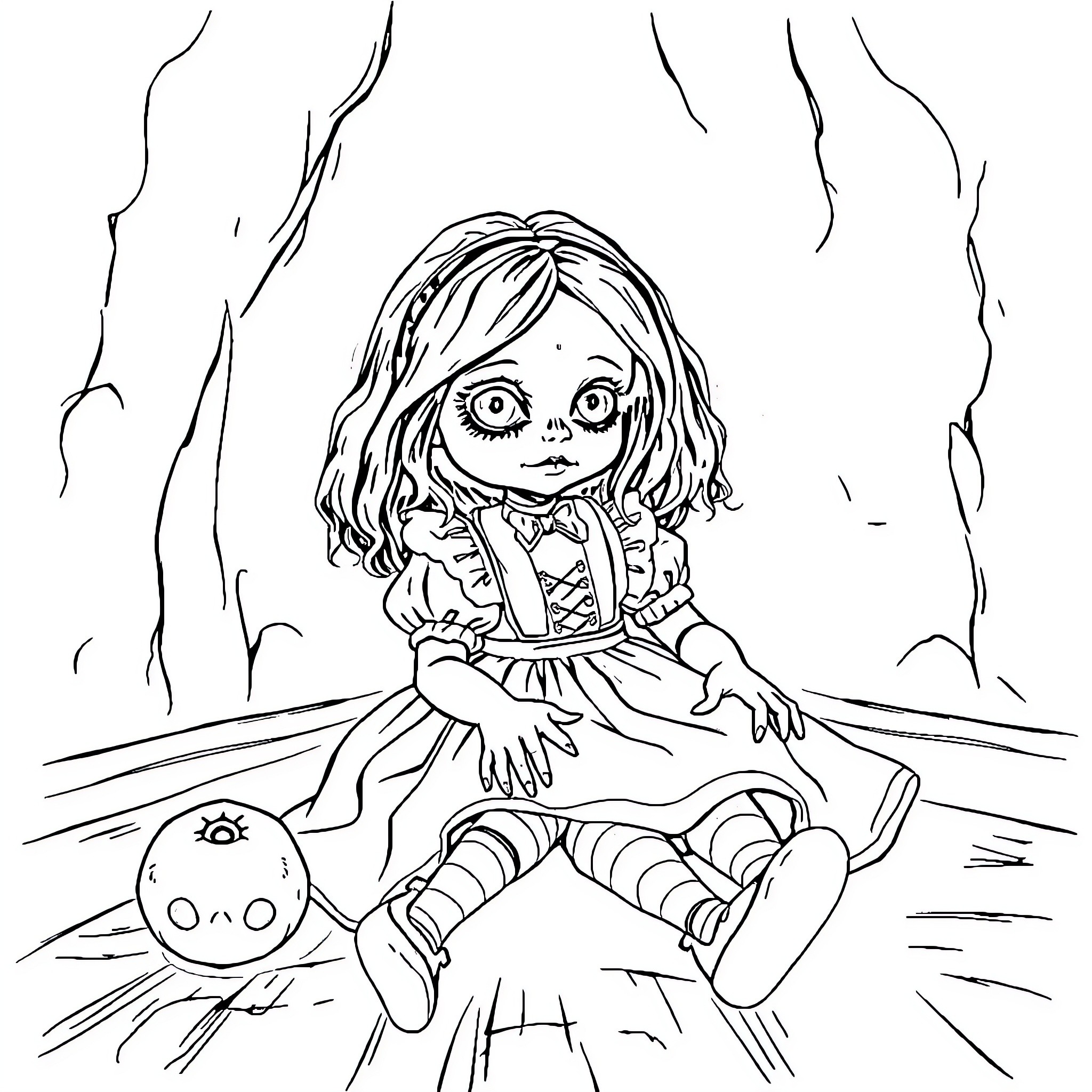 Doll with Unsettling Expression Sitting on Ground Coloring Page (free black-and-white line drawing printable PDF for all, from beginners to advanced learners, including children, teens, adults, and seniors)