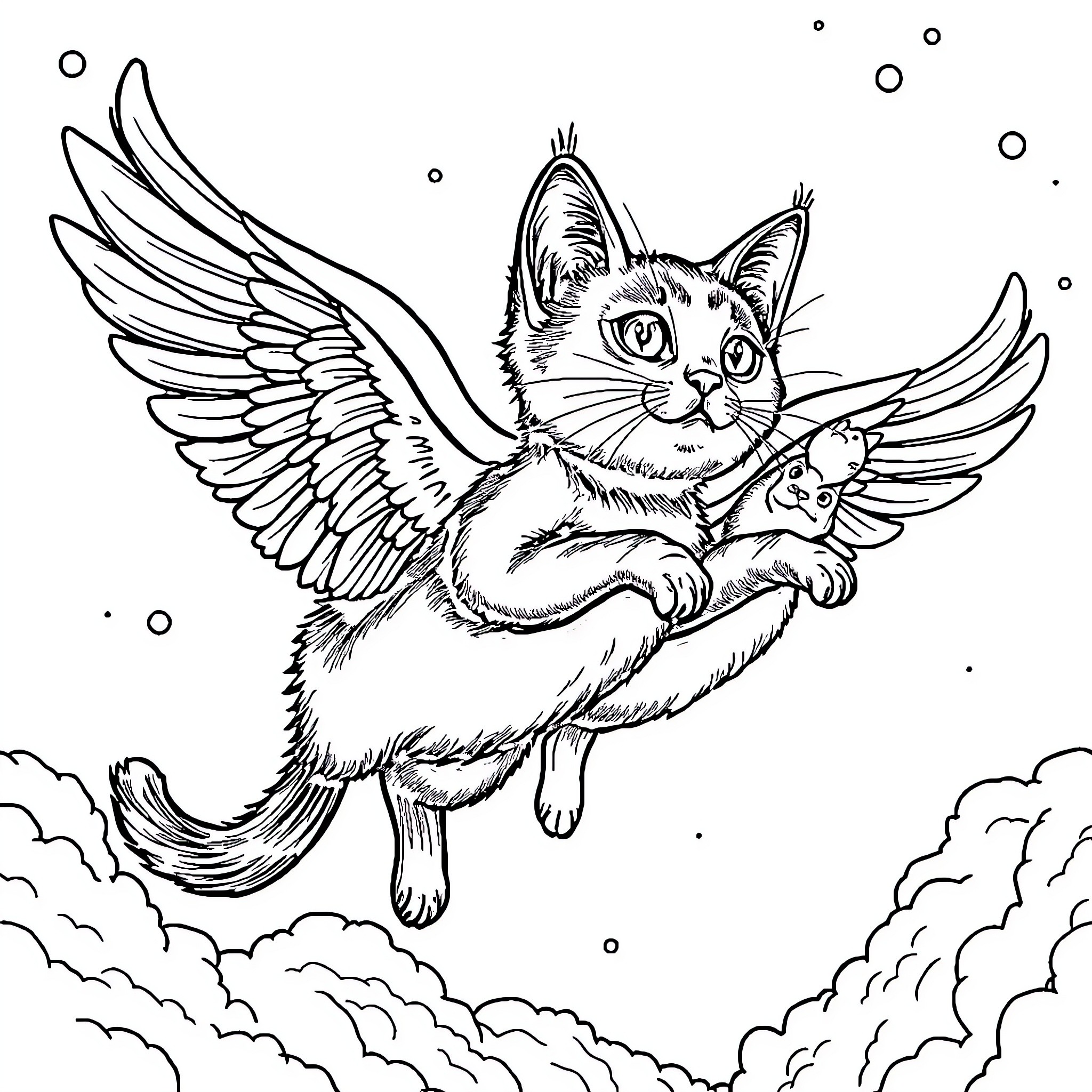 Cat with wings soaring in the sky Coloring Page (free black-and-white line drawing printable PDF for all, from beginners to advanced learners, including children, teens, adults, and seniors)