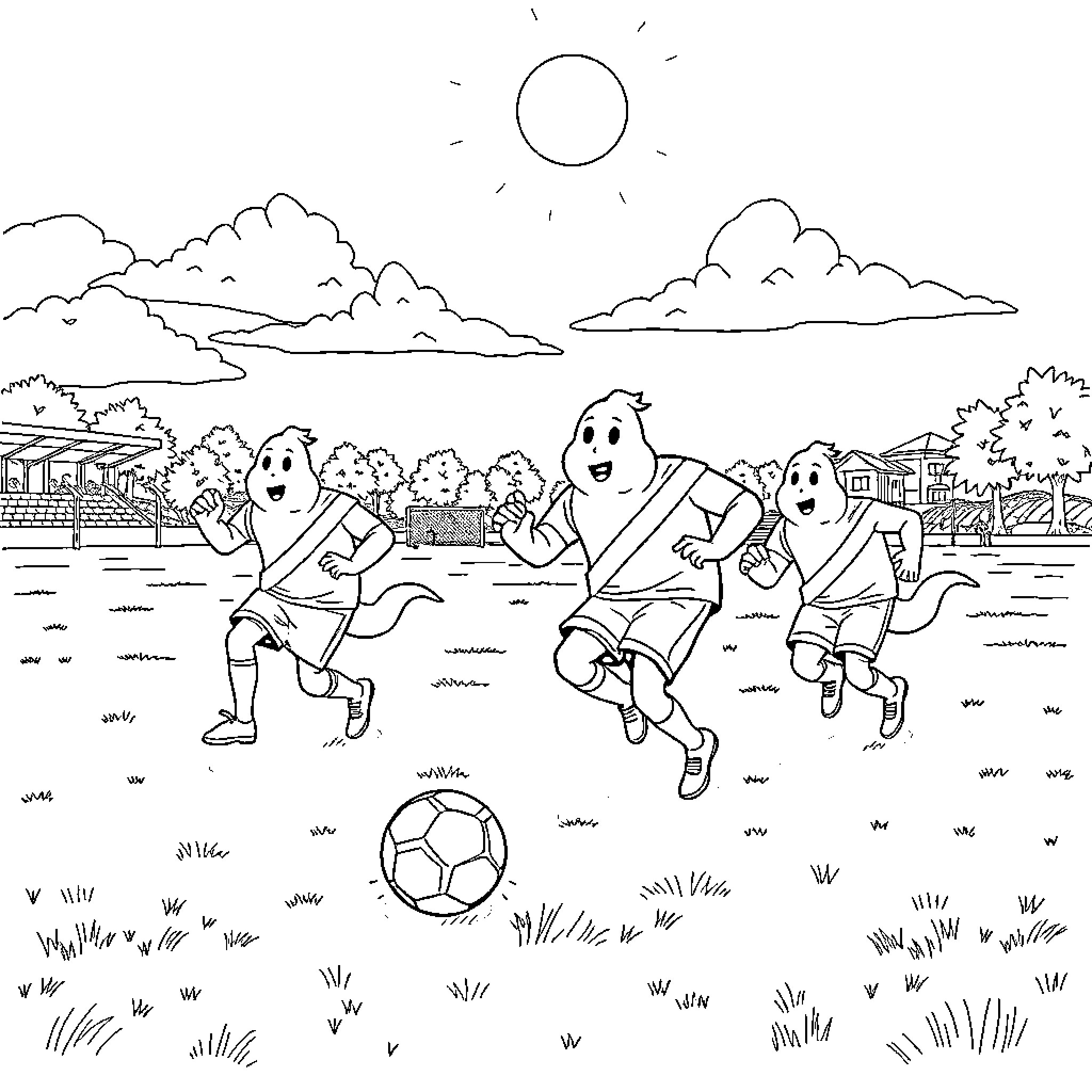Ghost characters playing joyfully with soccer ball Coloring Page (free black-and-white line drawing printable PDF for all, from beginners to advanced learners, including children, teens, adults, and seniors)