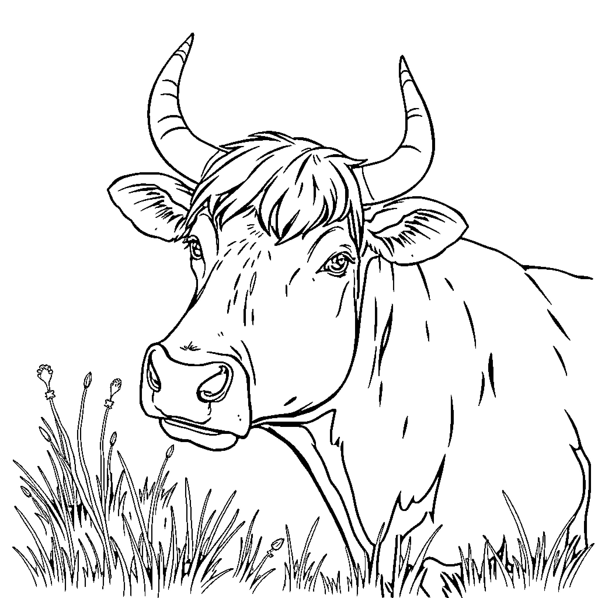 Cow grazing peacefully in the meadow Coloring Page (free black-and-white line drawing printable PDF for all, from beginners to advanced learners, including children, teens, adults, and seniors)