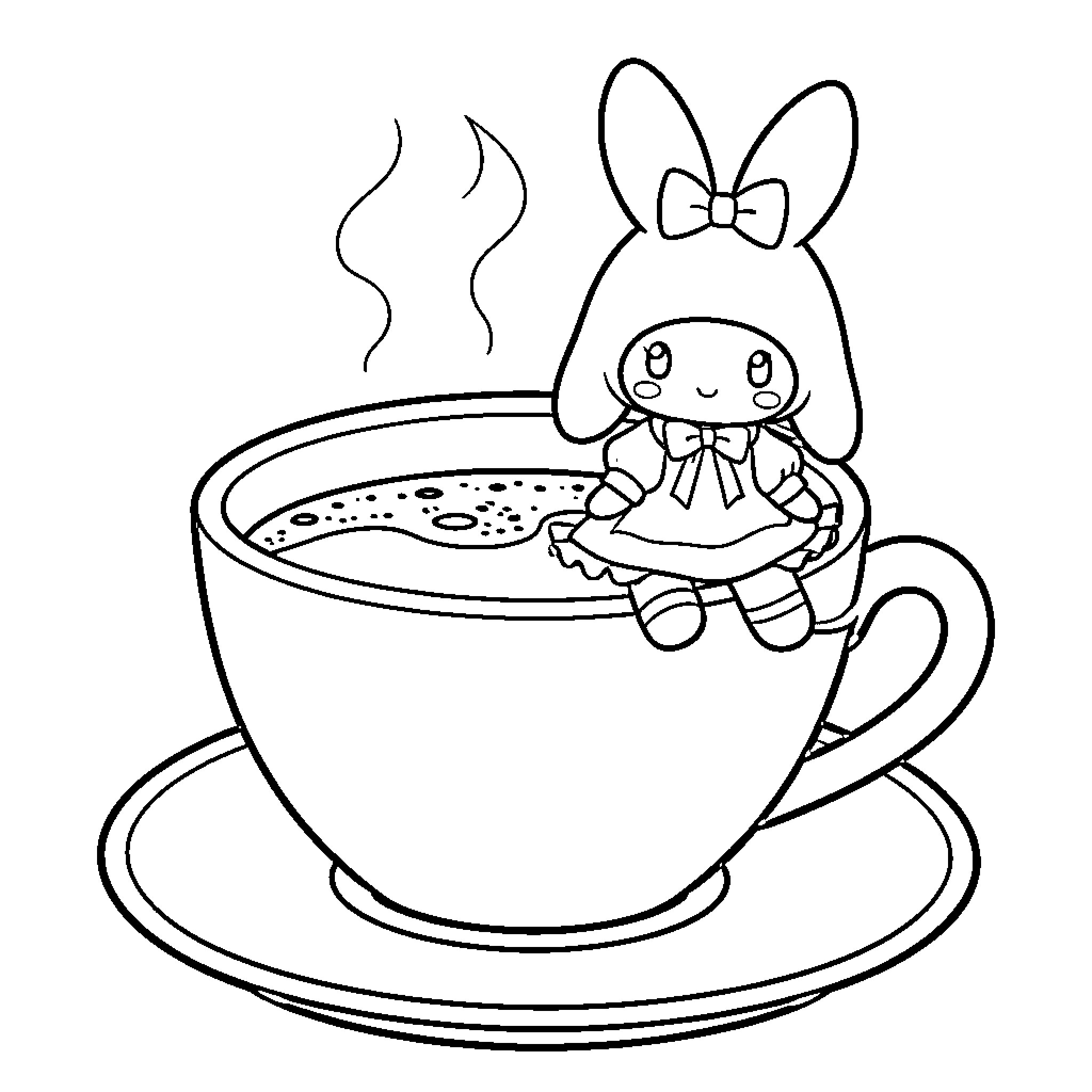My Melody sitting on the edge of a teacup Coloring Page (free black-and-white line drawing printable PDF for all, from beginners to advanced learners, including children, teens, adults, and seniors)