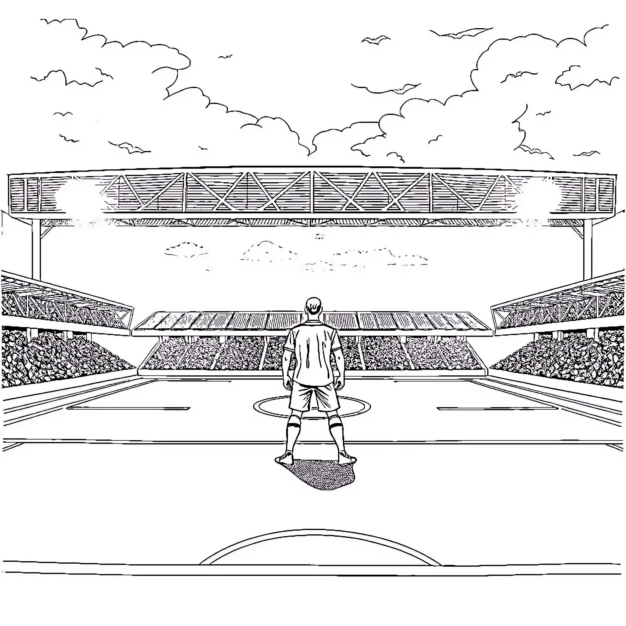 Giant Soccer Player in Packed Stadium Coloring Page (free black-and-white line drawing printable PDF for all, from beginners to advanced learners, including children, teens, adults, and seniors)