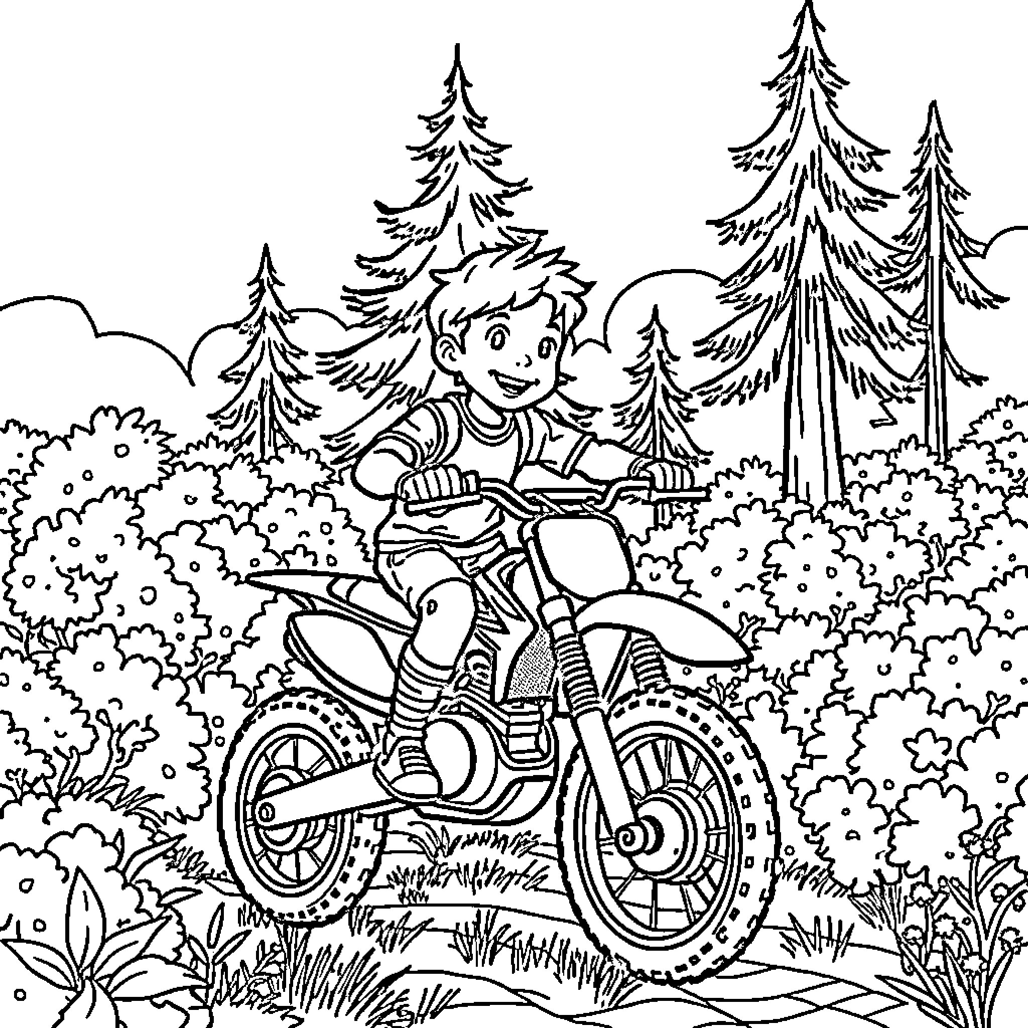 Boy riding motorcycle through the forest Coloring Page (free black-and-white line drawing printable PDF for all, from beginners to advanced learners, including children, teens, adults, and seniors)