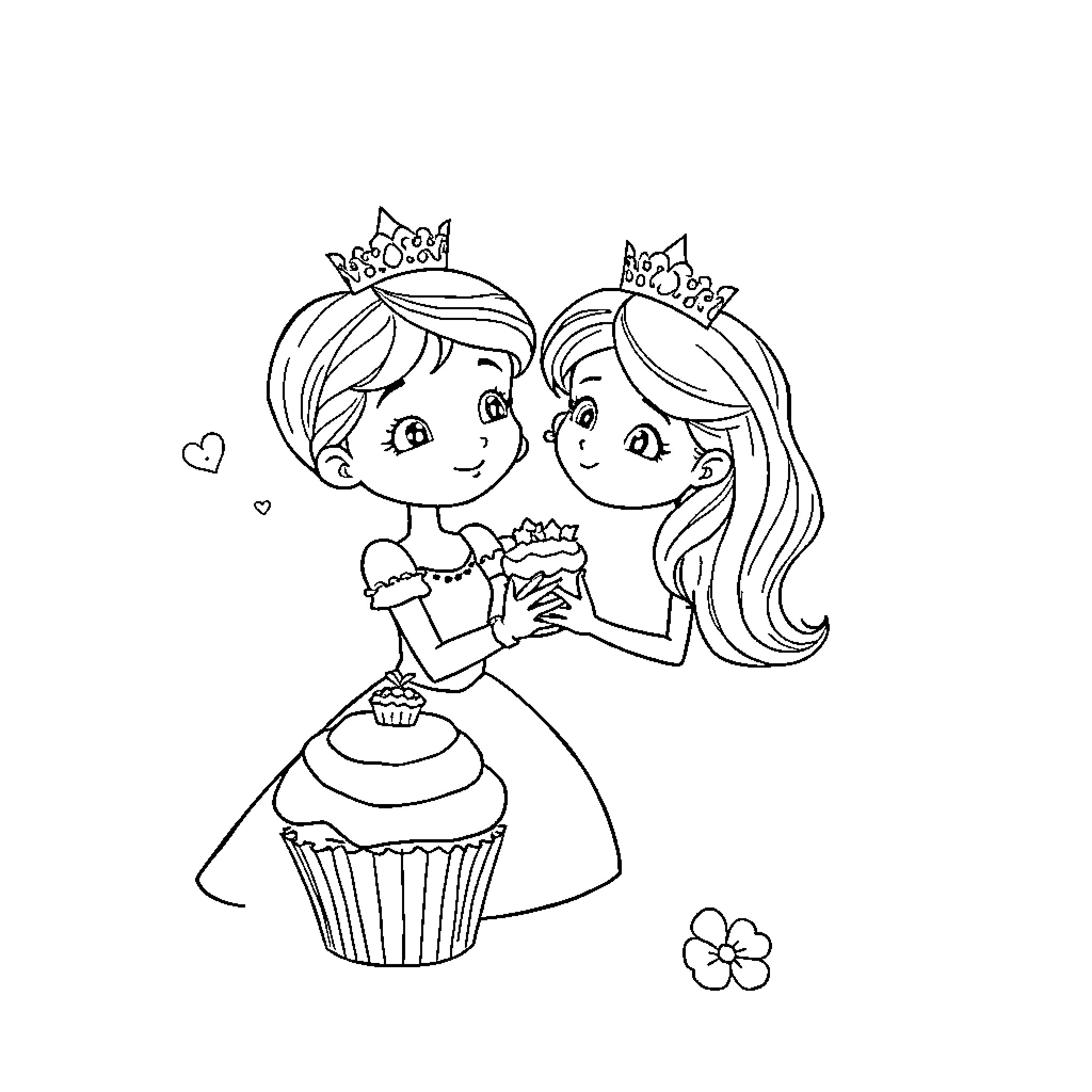 Cupcake princesses sharing a sweet moment Coloring Page (free black-and-white line drawing printable PDF for all, from beginners to advanced learners, including children, teens, adults, and seniors)